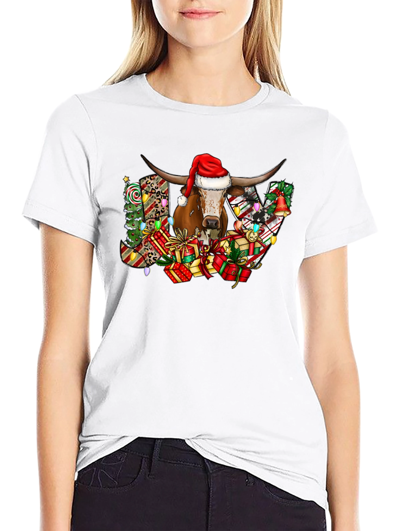 Black Festive Bull JOY Graphic Tee - Christmas Holiday Shirt view 9