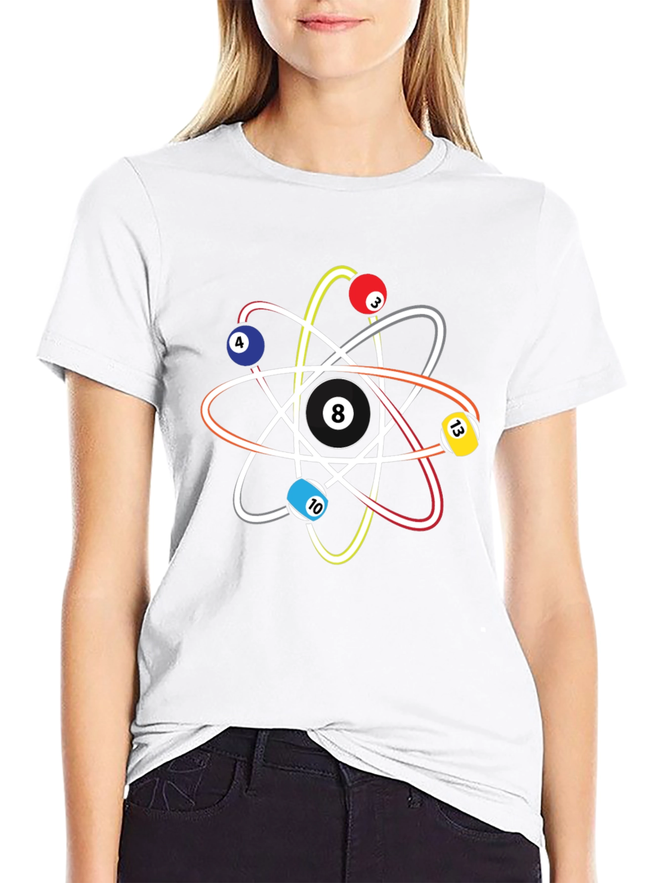 Black Pool Ball Atom T-Shirt - Physics & Billiards Style view 9