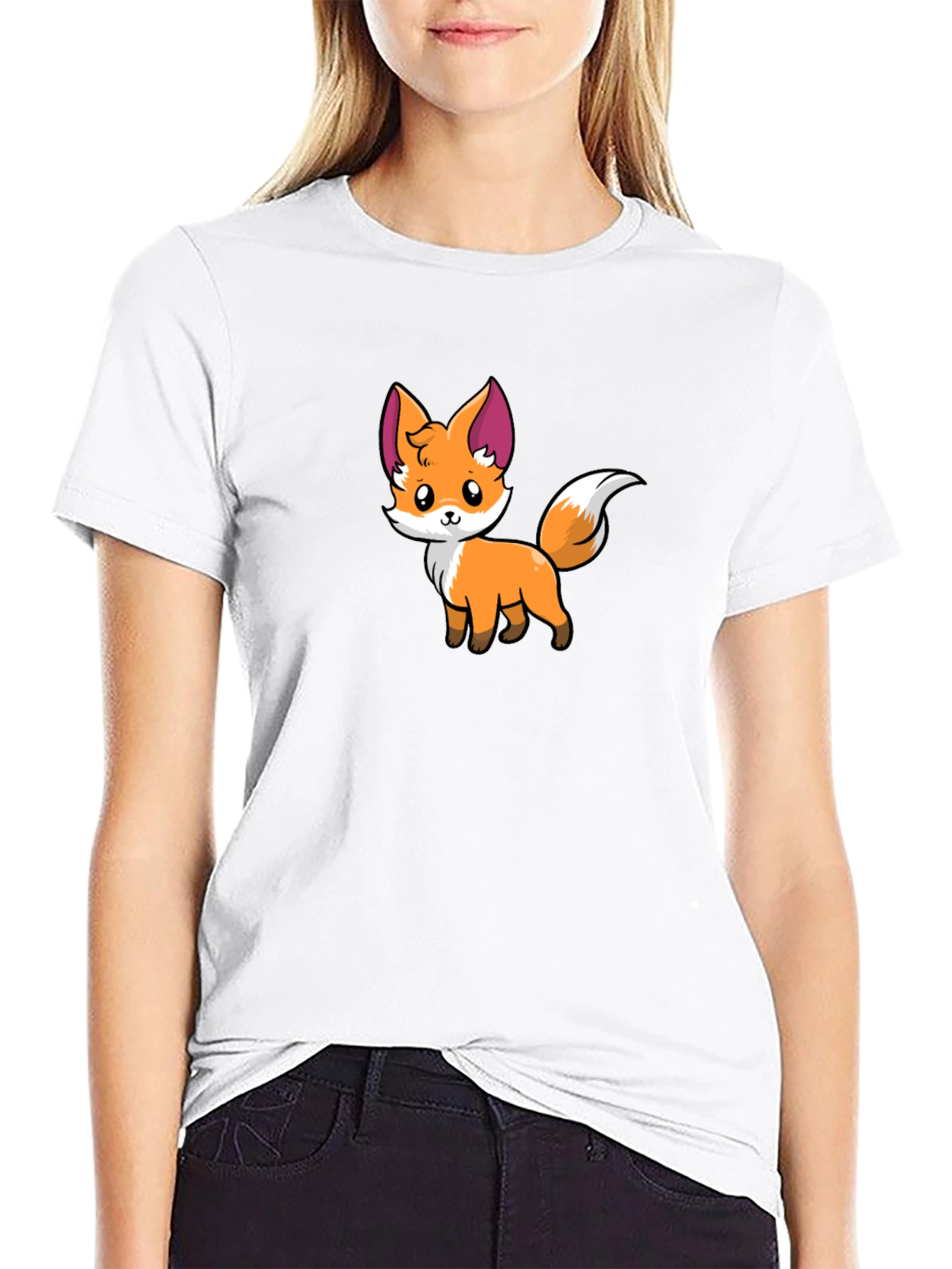 Black Cute Cartoon Fox Graphic Black T-Shirt view 9