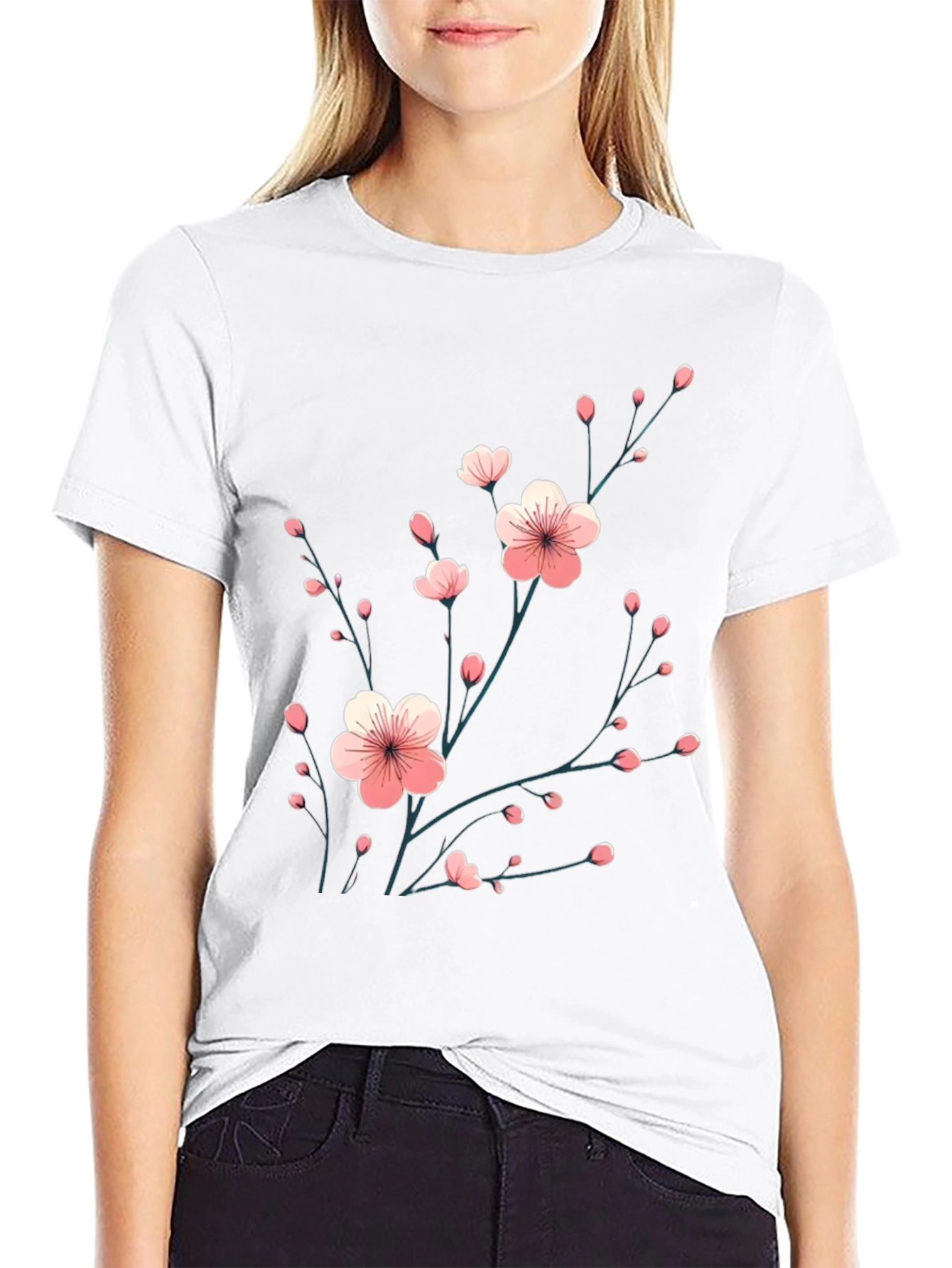 Black Black T-Shirt with Floral Cherry Blossom Design view 9