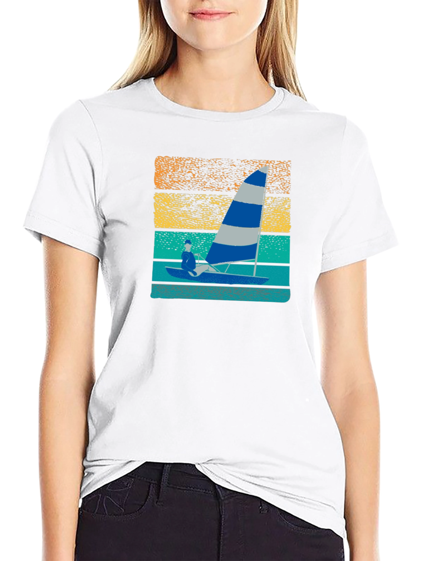 Black Sailing T-Shirt with Retro Sunset Design view 9