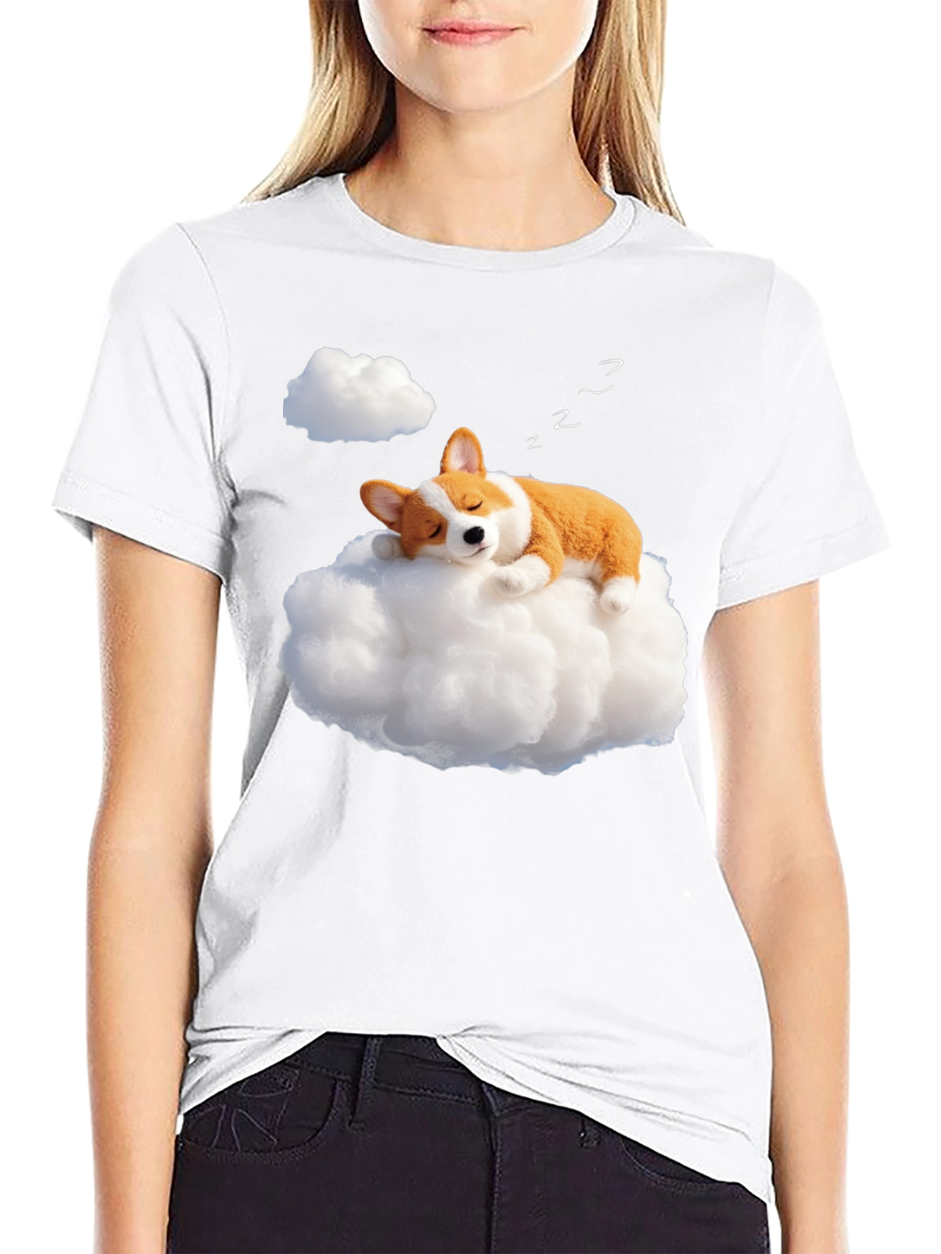 Black Dreamy Corgi Cloud Nap Black T-Shirt view 9