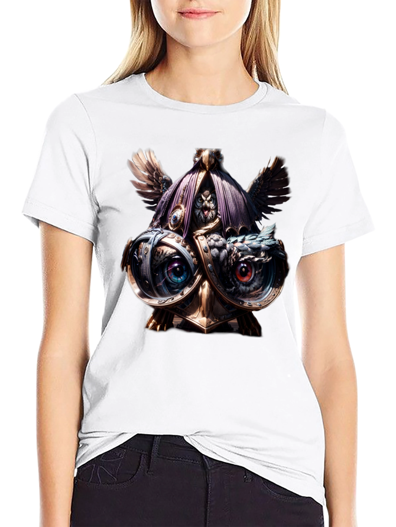 Black Steampunk Owl T-Shirt - Unique Art Tee view 9