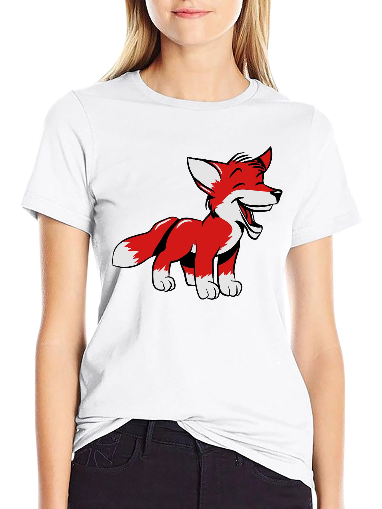 Black Cartoon Fox Graphic Tee - Black Cotton Blend view 9