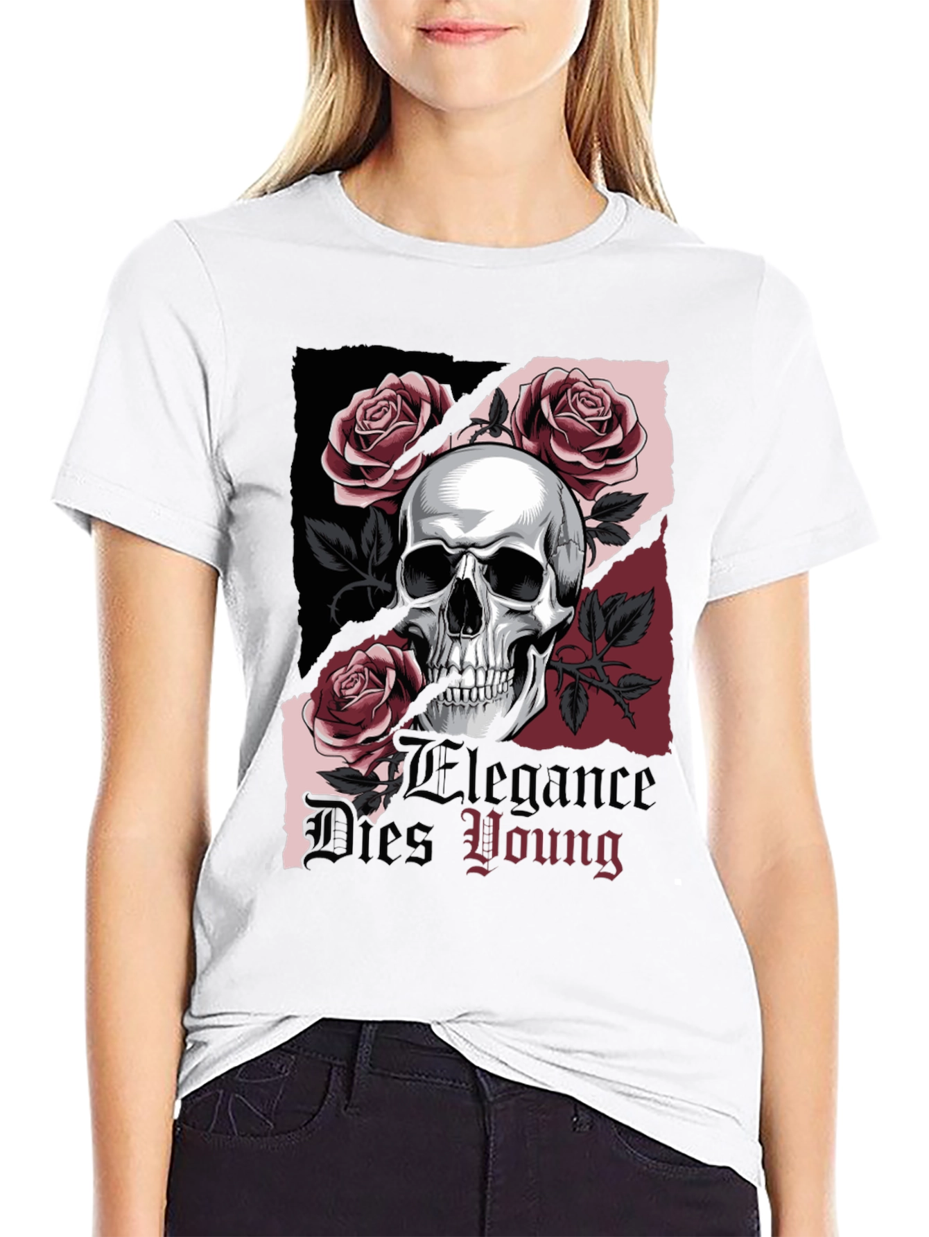 Black Skull & Roses Graphic Tee - Elegance Dies Young view 9