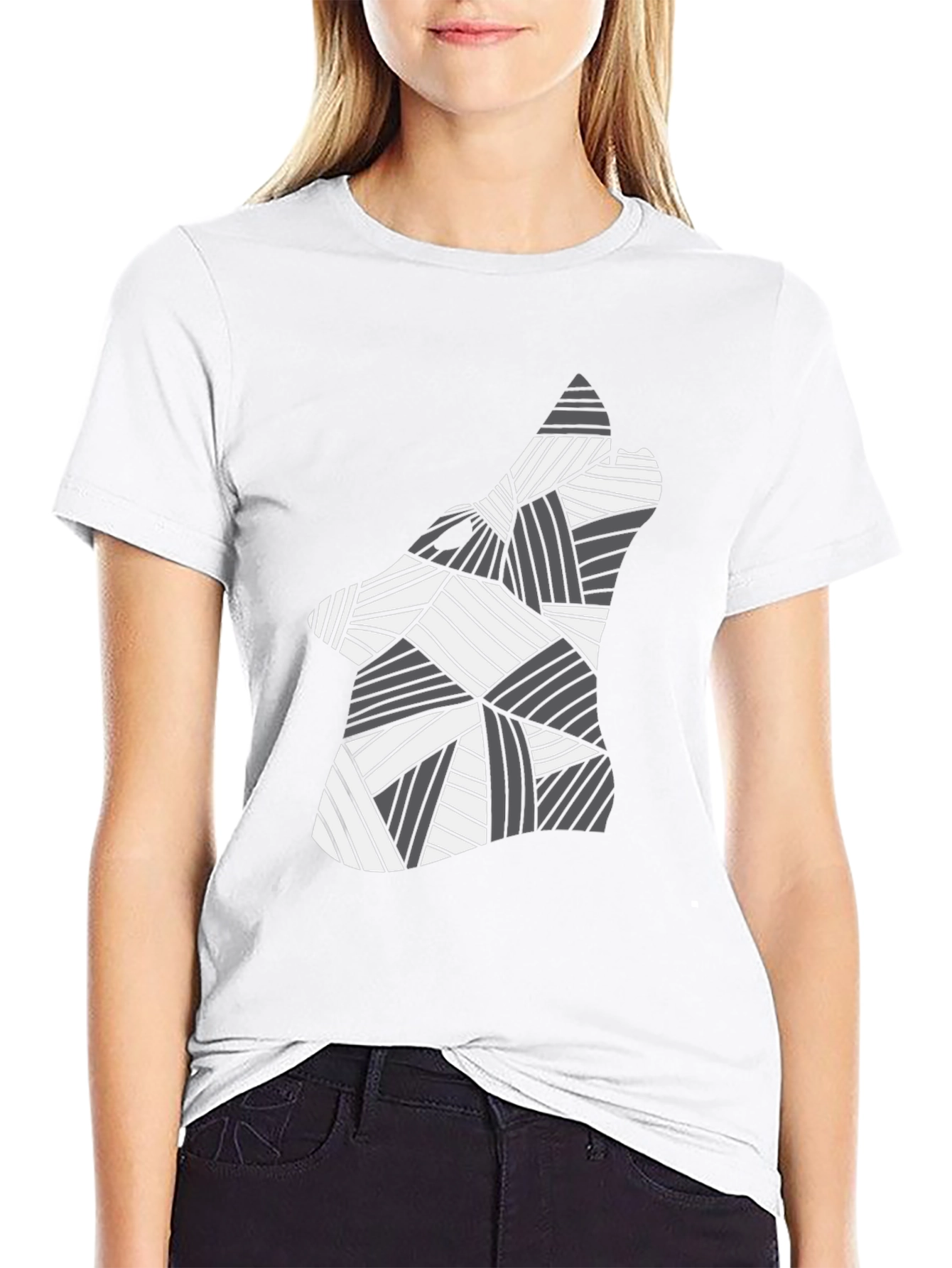 Black Abstract Geometric Wolf Graphic Black Tee Shirt view 9