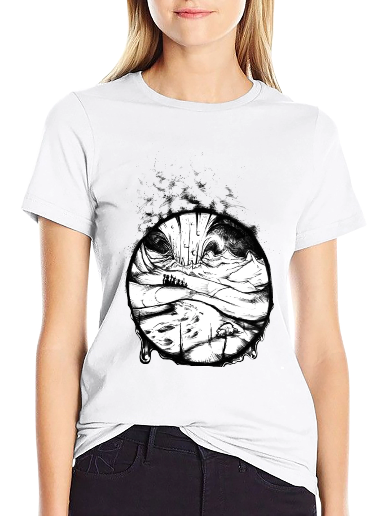 Black Artistic Black T-Shirt with Surreal Landscape Print view 9