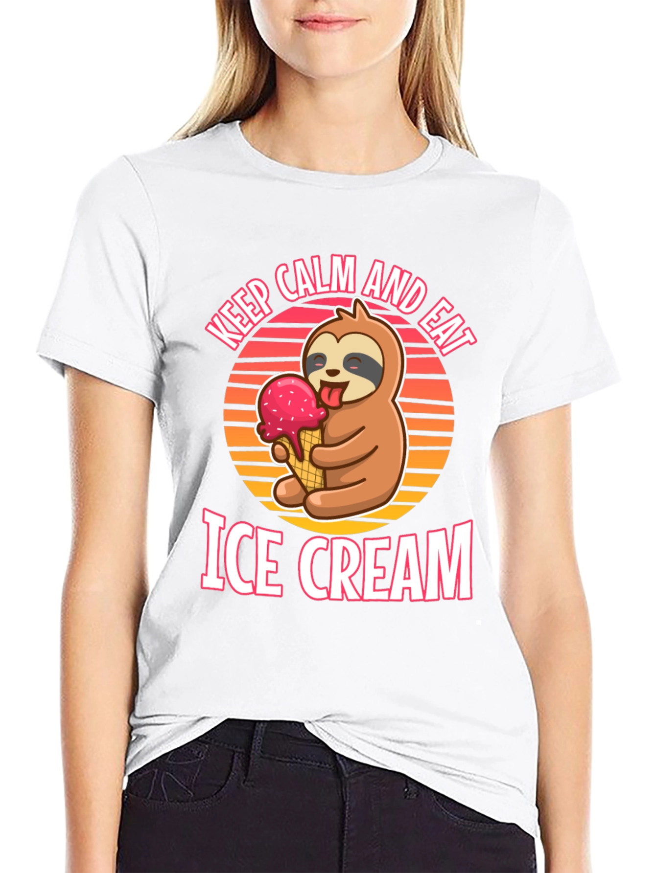 Black Keep Calm and Eat Ice Cream Sloth T-Shirt view 9