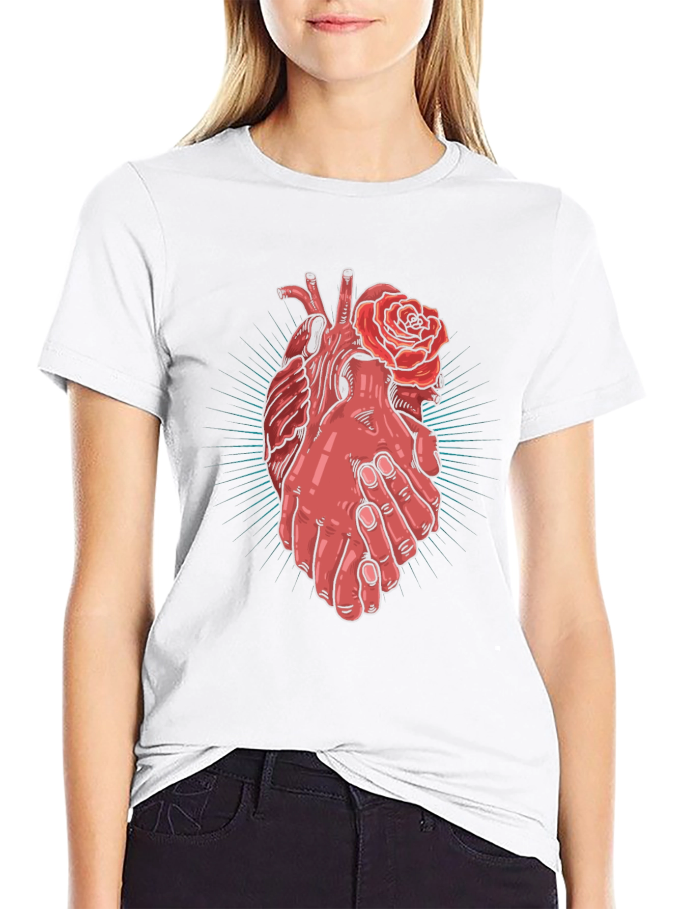 Black Heart and Hands Graphic Tee - Stylish Cotton Blend view 9