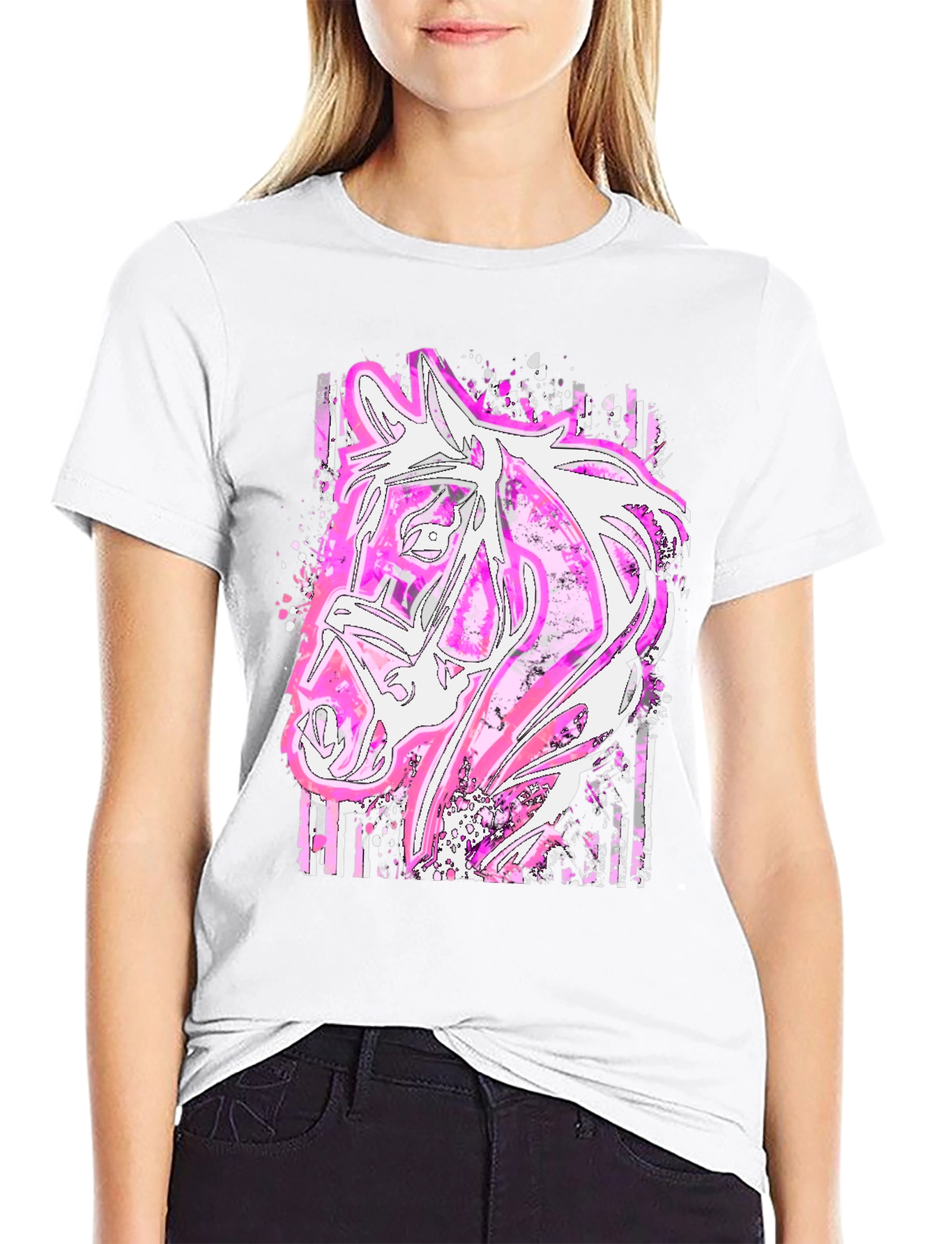 Black Pink Horse Graphic Tee - Stylish Animal Print Shirt view 9
