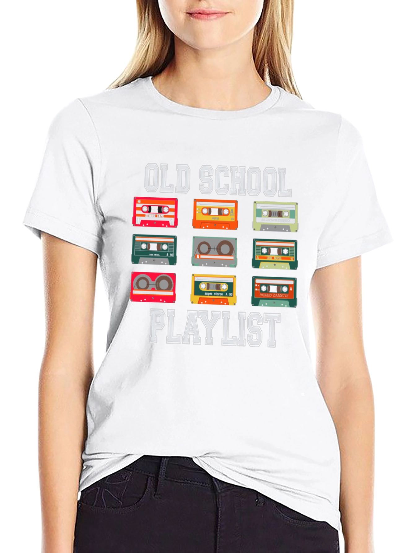 Black Old School Playlist Cassette Tape T-Shirt view 9