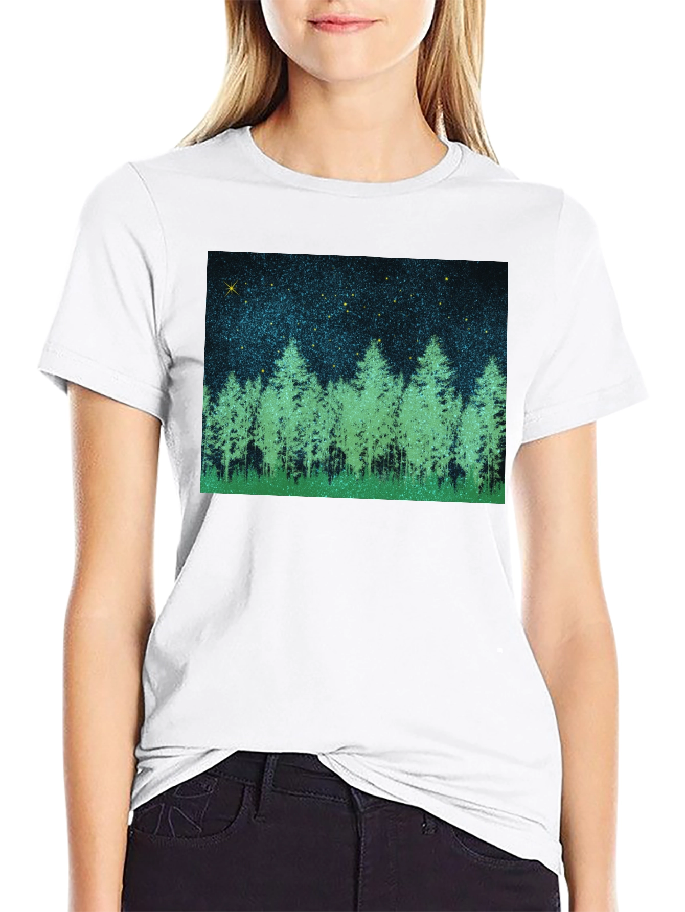 Black Starry Forest Graphic Tee - Black Cotton Blend T-Shirt view 9