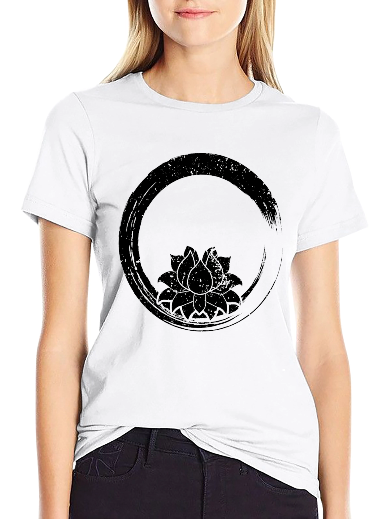 Black Black T-Shirt with Lotus Flower Enso Circle Design view 9