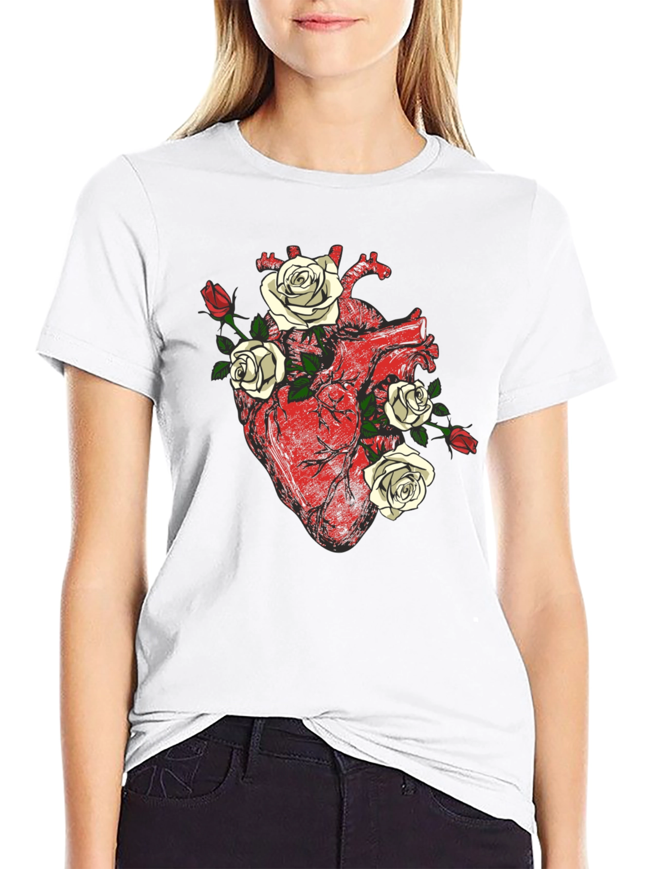 Black Anatomical Heart & Roses Graphic Tee view 9