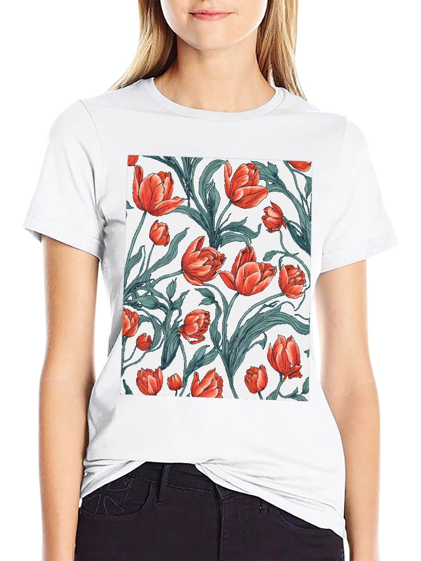 Black Floral Tulip Print Black T-Shirt view 9