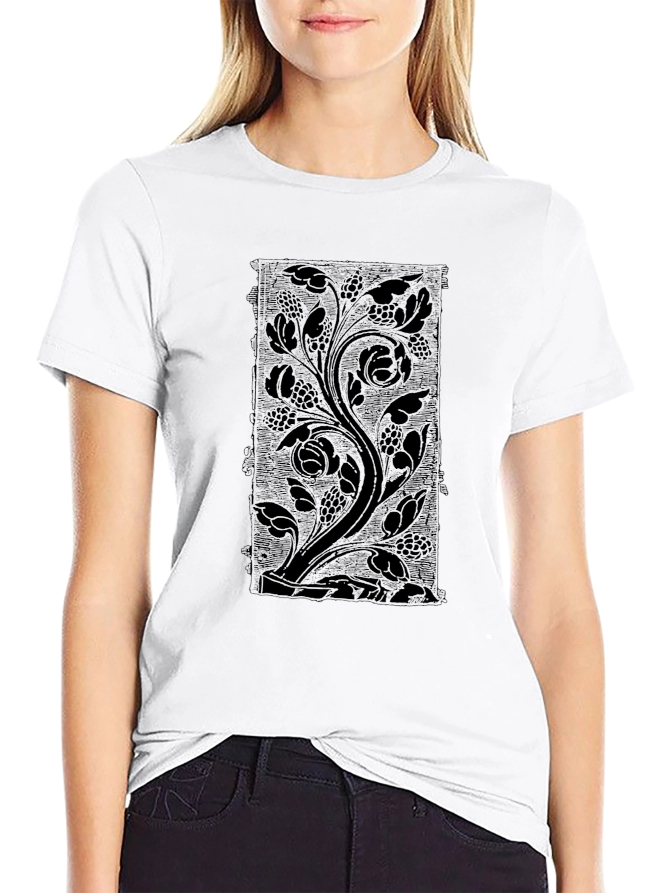 Black Floral Vine Print Black Crew Neck T-Shirt view 9