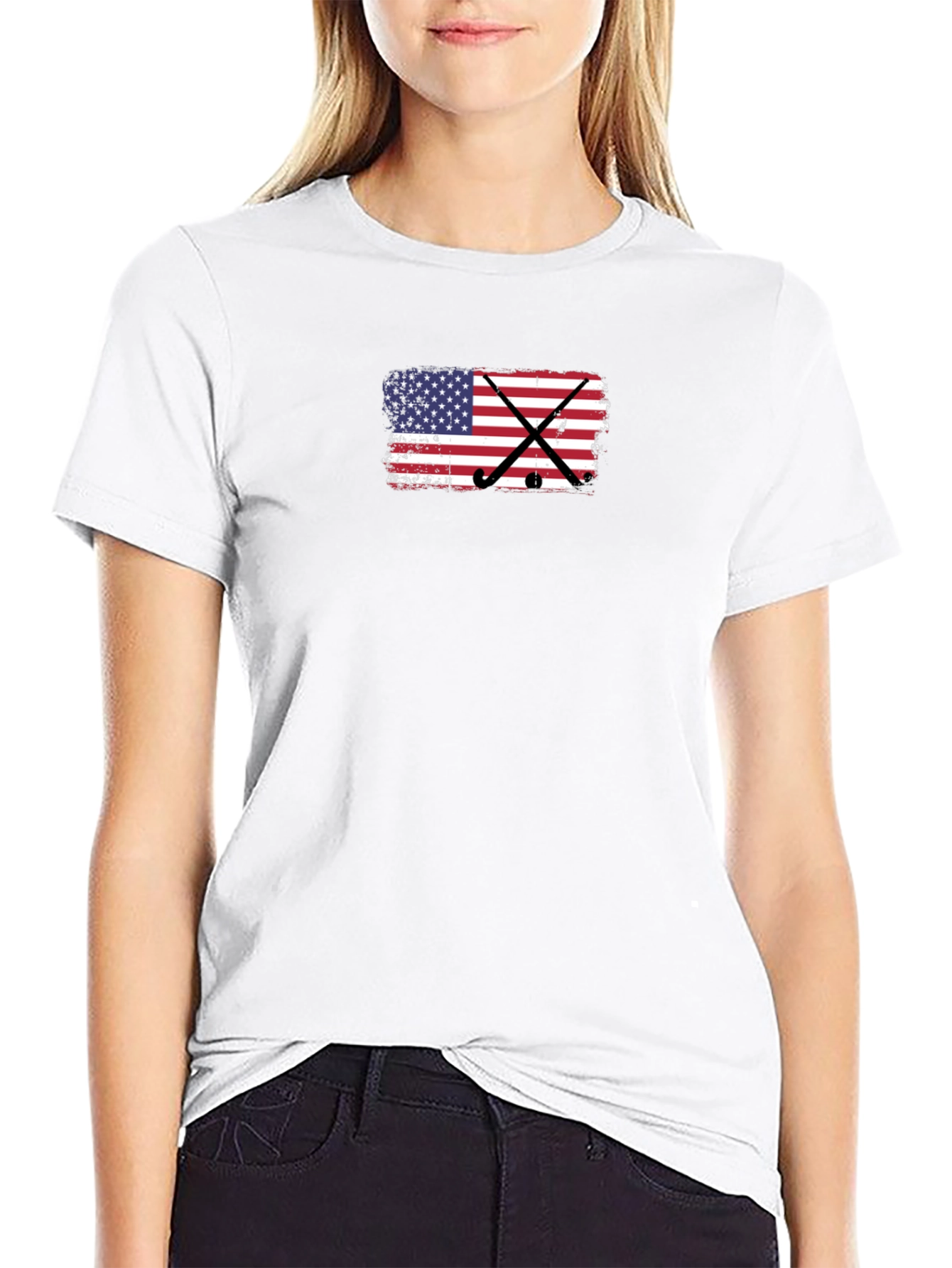 Black USA Flag Hockey Sticks T-Shirt view 9