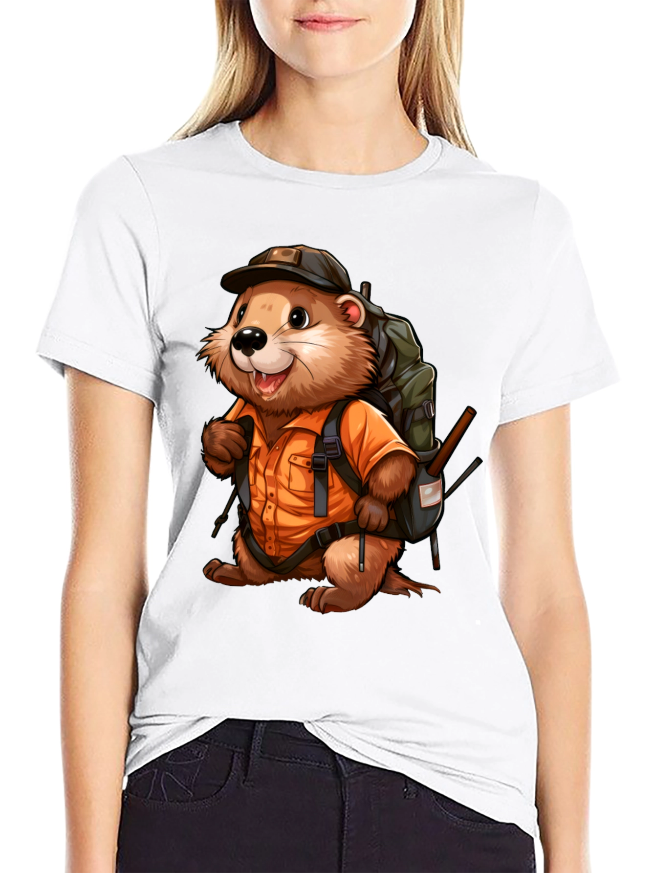 Black Cartoon Beaver Hiker Graphic T-Shirt view 9