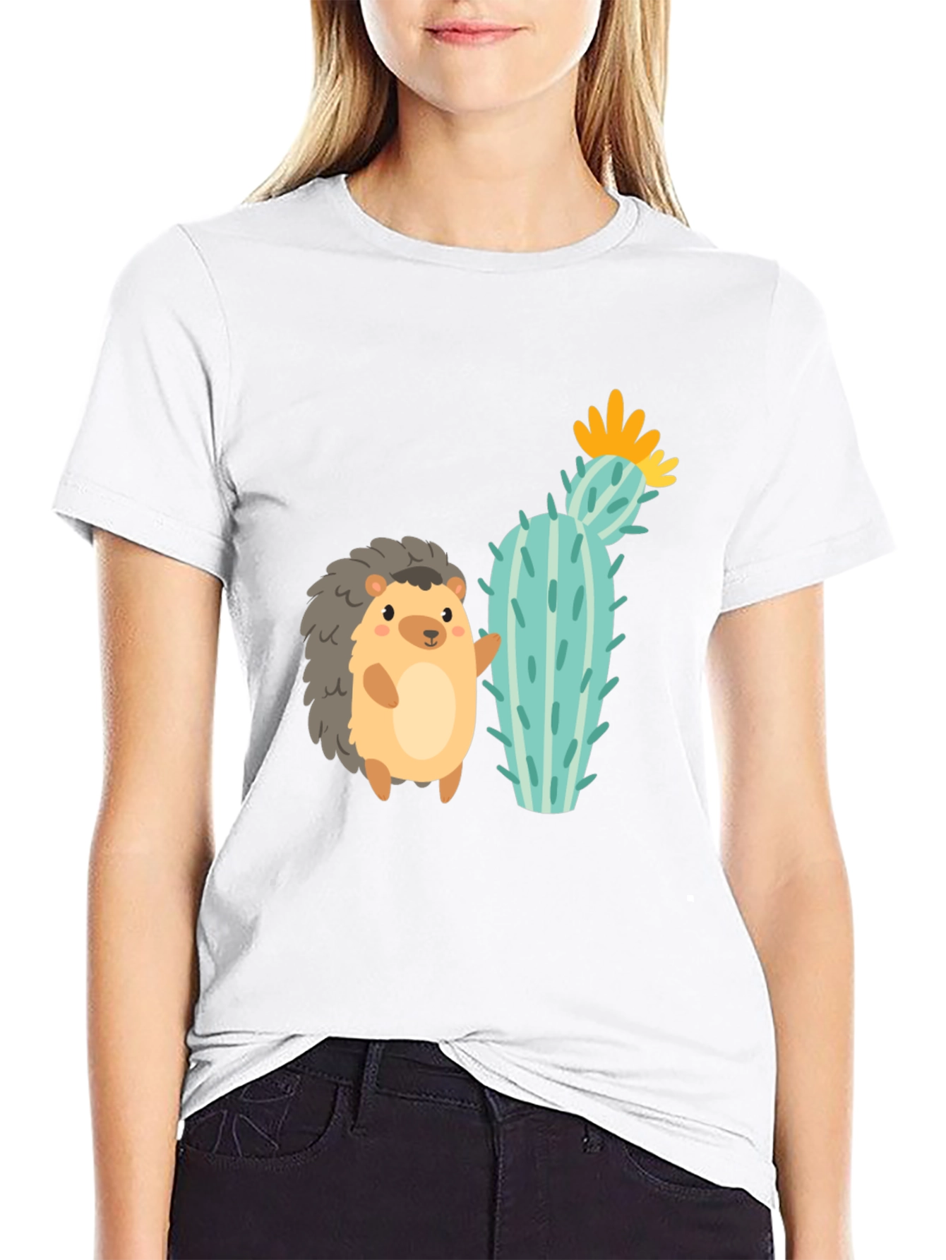 Black Cute Hedgehog & Cactus Graphic Tee - Unisex Black T-Shirt view 9