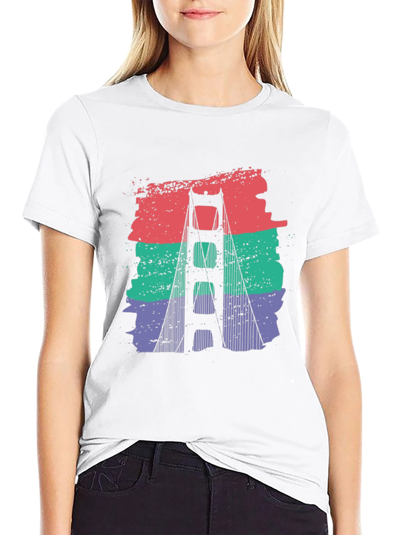 Black Golden Gate Bridge Retro Graphic T-Shirt view 9