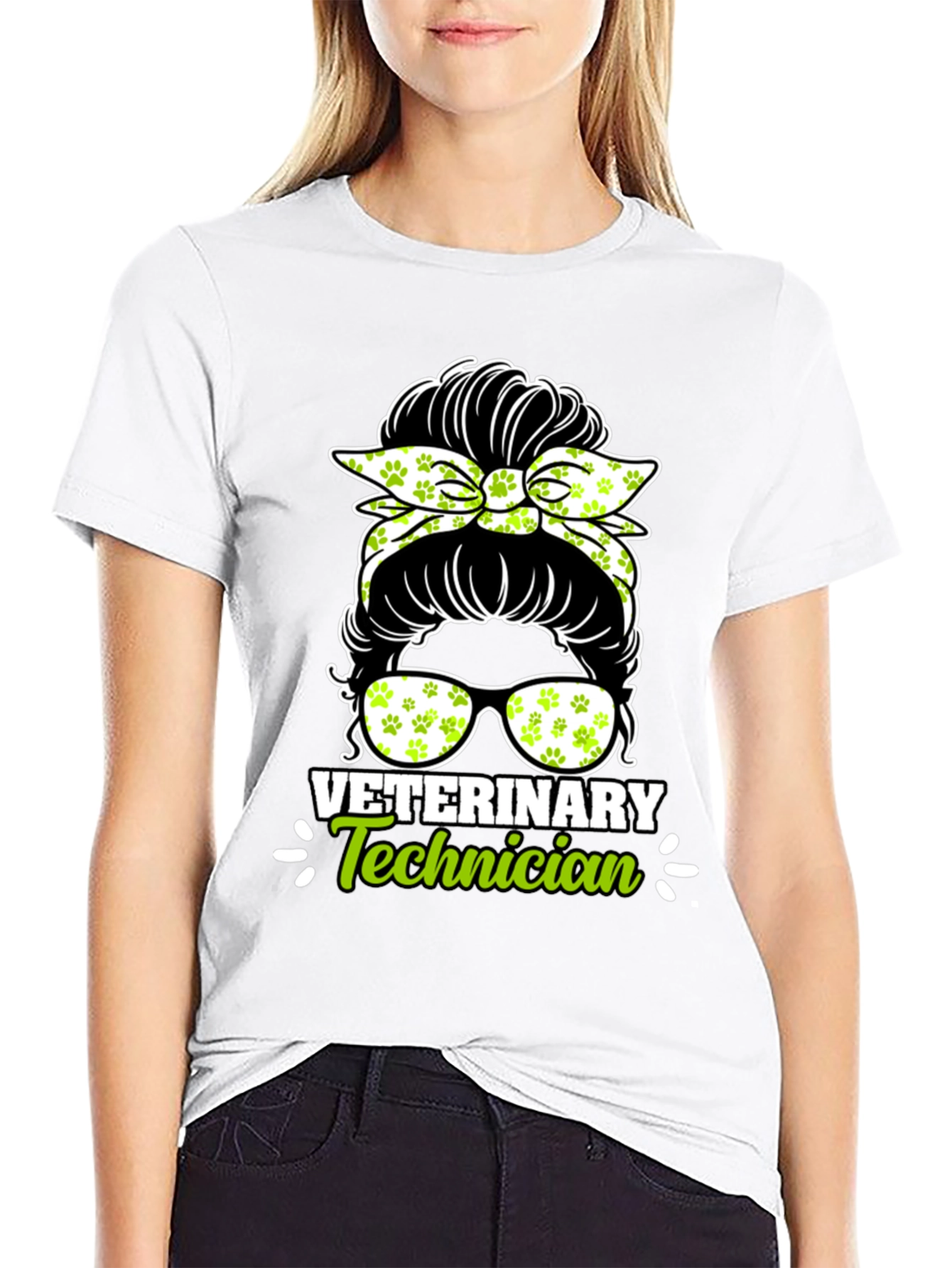Black Veterinary Technician Messy Bun T-Shirt view 9