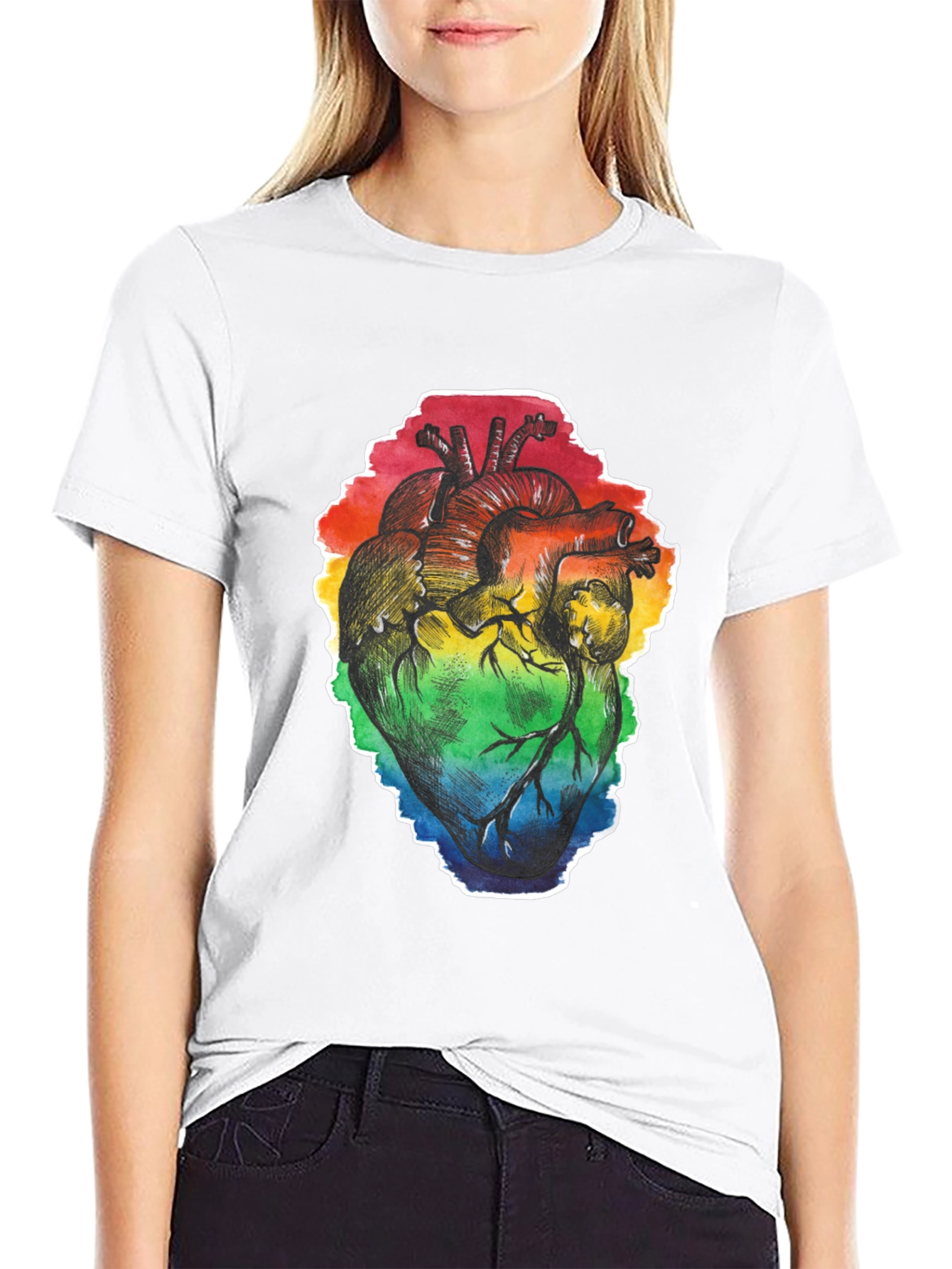 Black Rainbow Heart Print Black T-Shirt view 9