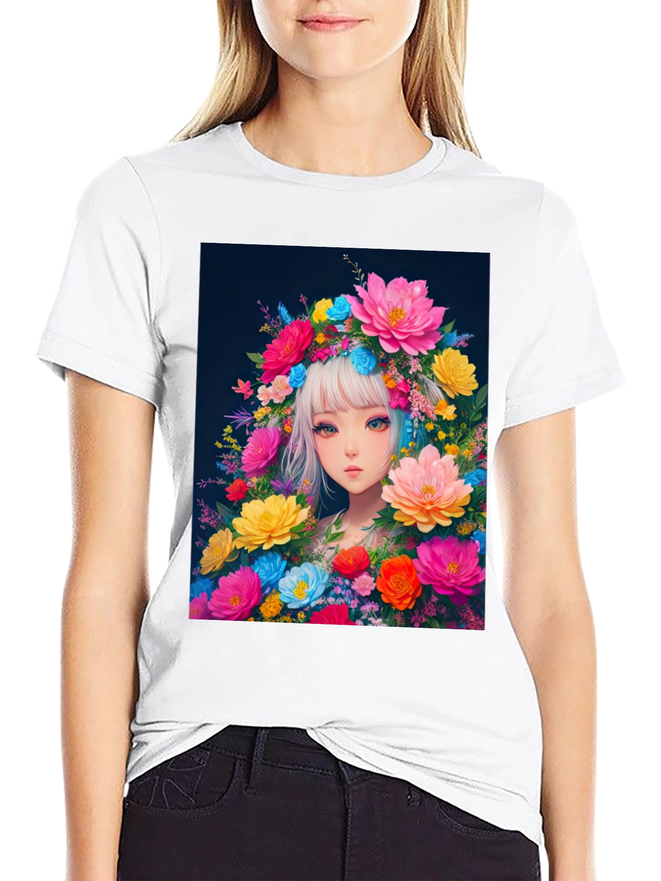 Black Floral Anime Girl Graphic Tee - Black Cotton T-Shirt view 9