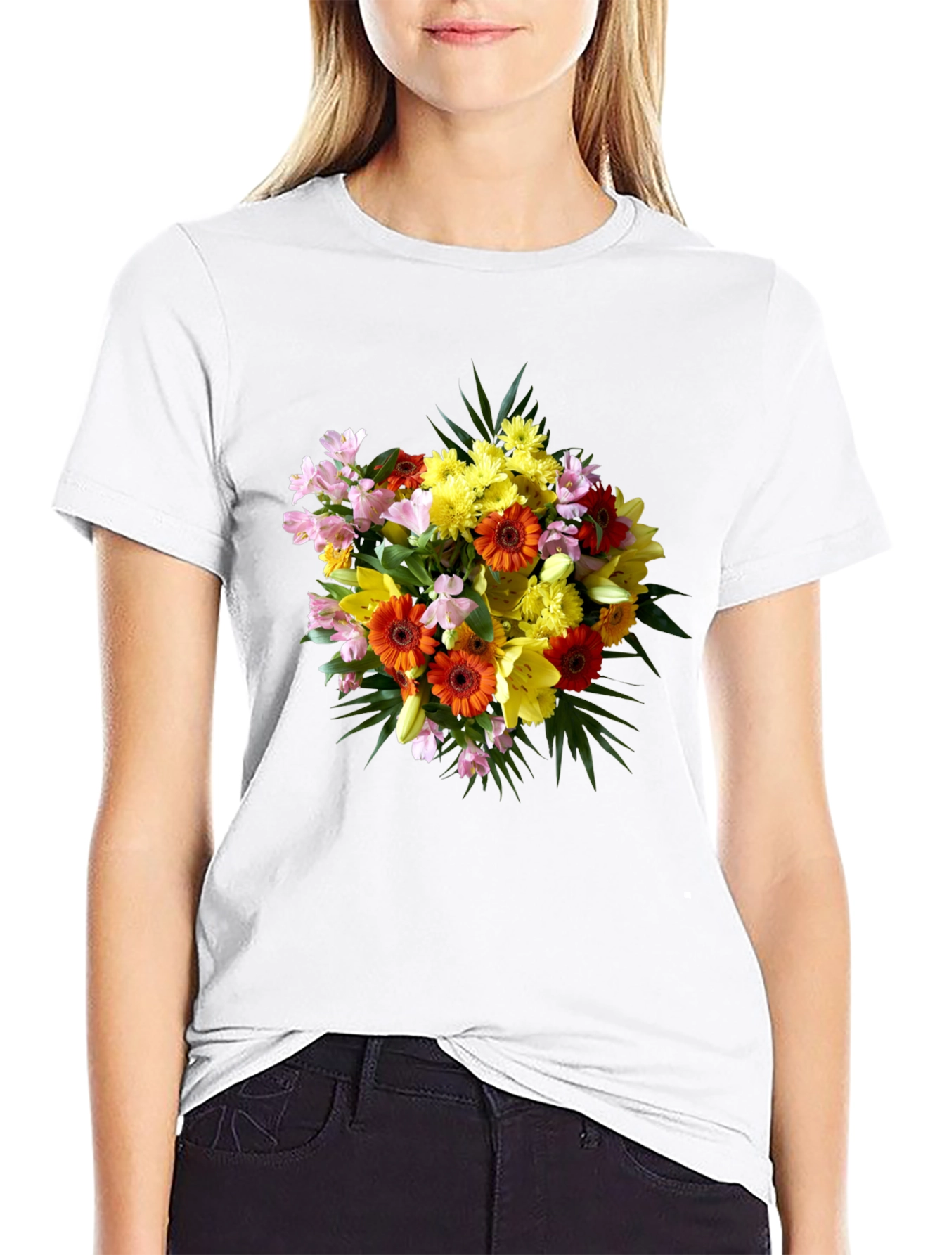 Black Floral Bouquet Graphic Print Black T-Shirt view 9
