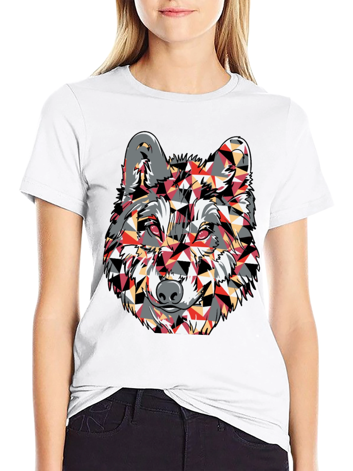 Black Geometric Wolf Graphic Print T-Shirt view 9