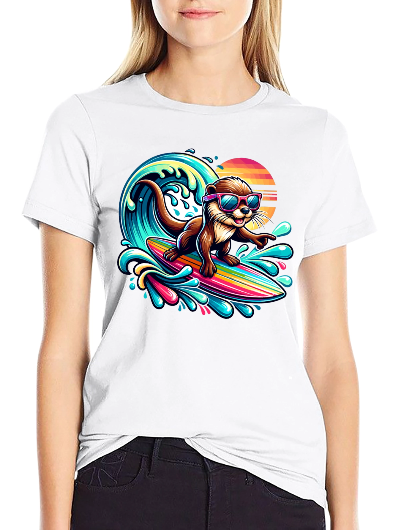 Black Surfing Otter T-Shirt - Cool Cartoon Graphic Tee view 9