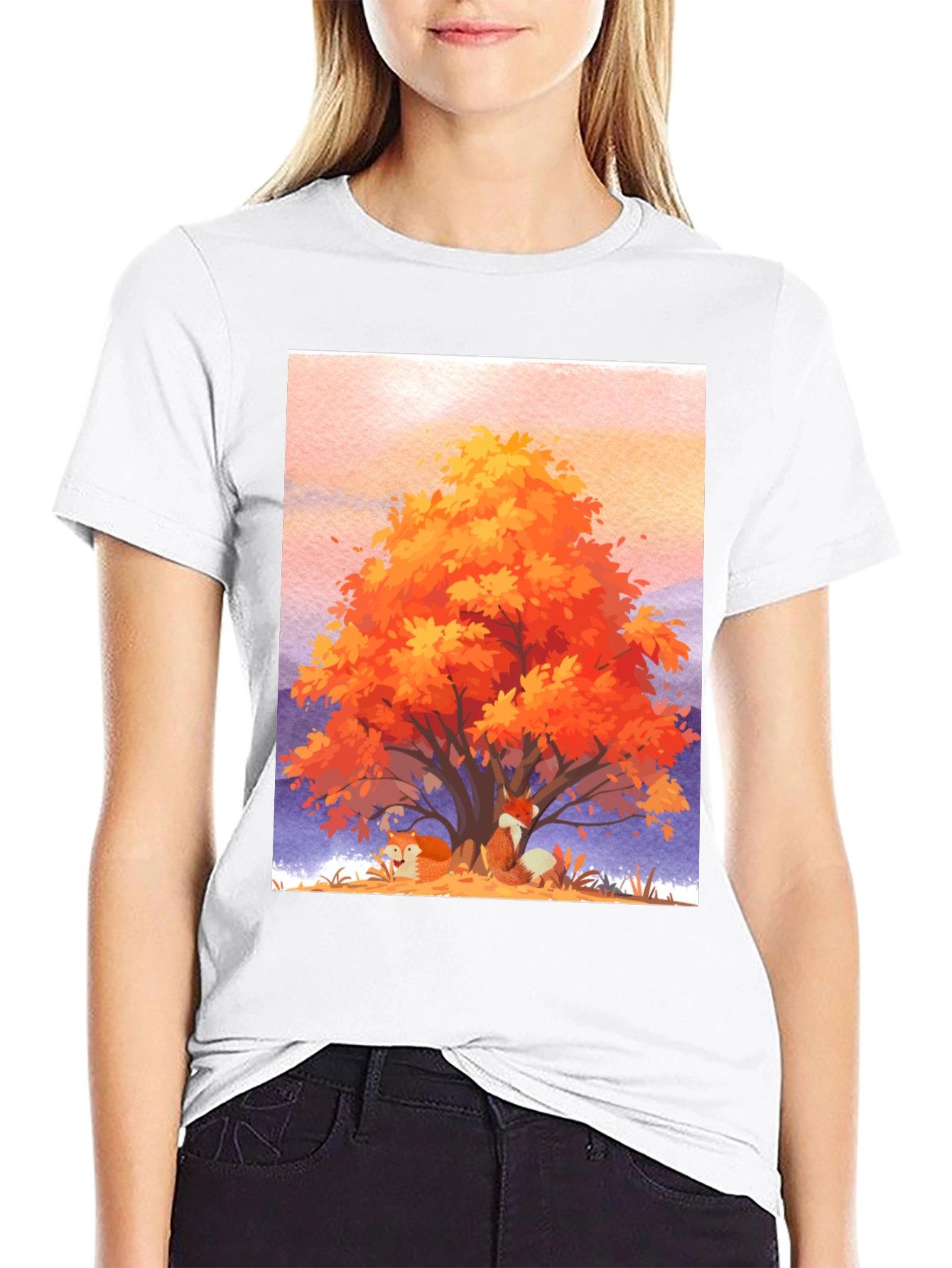 Black Autumn Fox Tree Graphic Tee - Comfortable Cotton Blend view 9