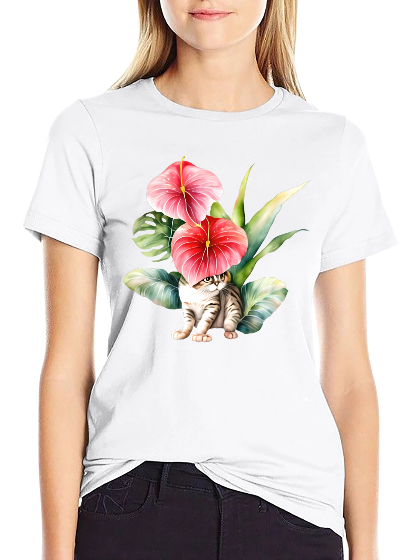 Black Floral Cat T-Shirt - Unique Graphic Tee view 9