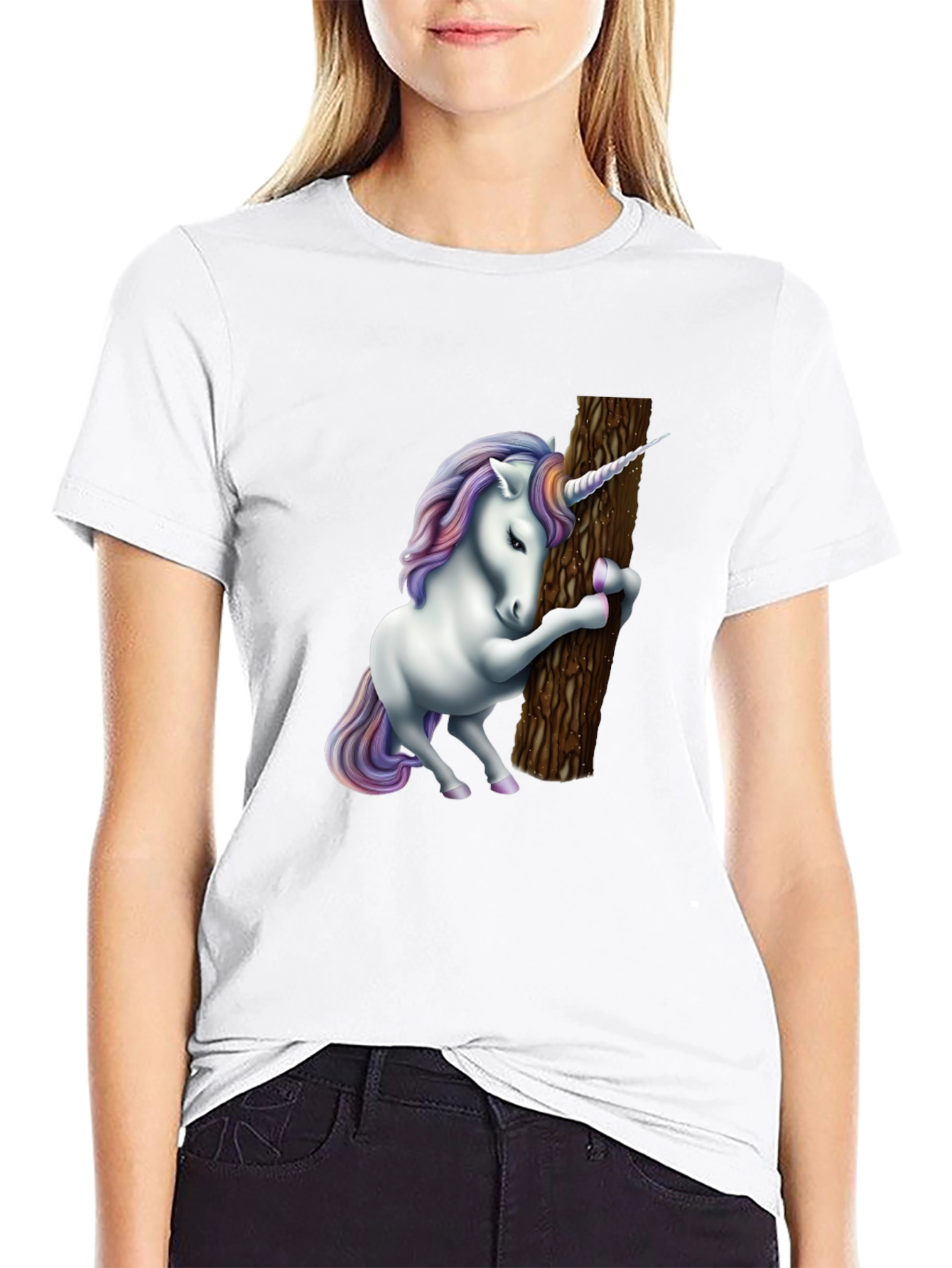 Black Unicorn Hugging Tree Graphic Tee - Black Cotton Blend view 9