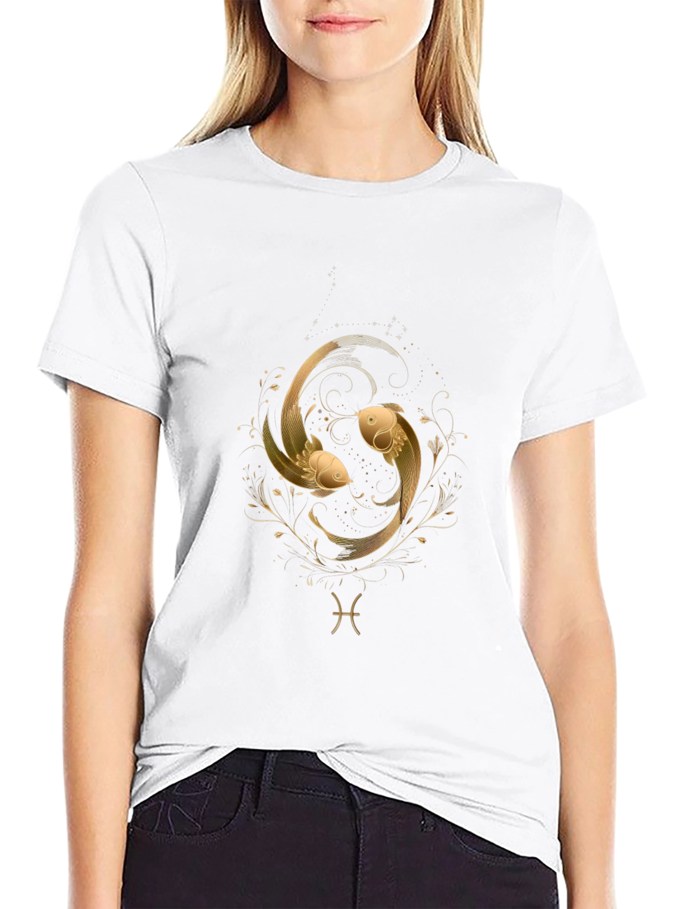 Black Pisces Zodiac Gold Fish Graphic Black T-Shirt view 9