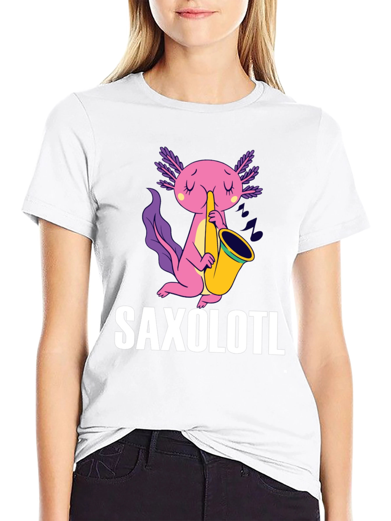 Black Saxolotl T-Shirt - Funny Axolotl Saxophone Tee view 9