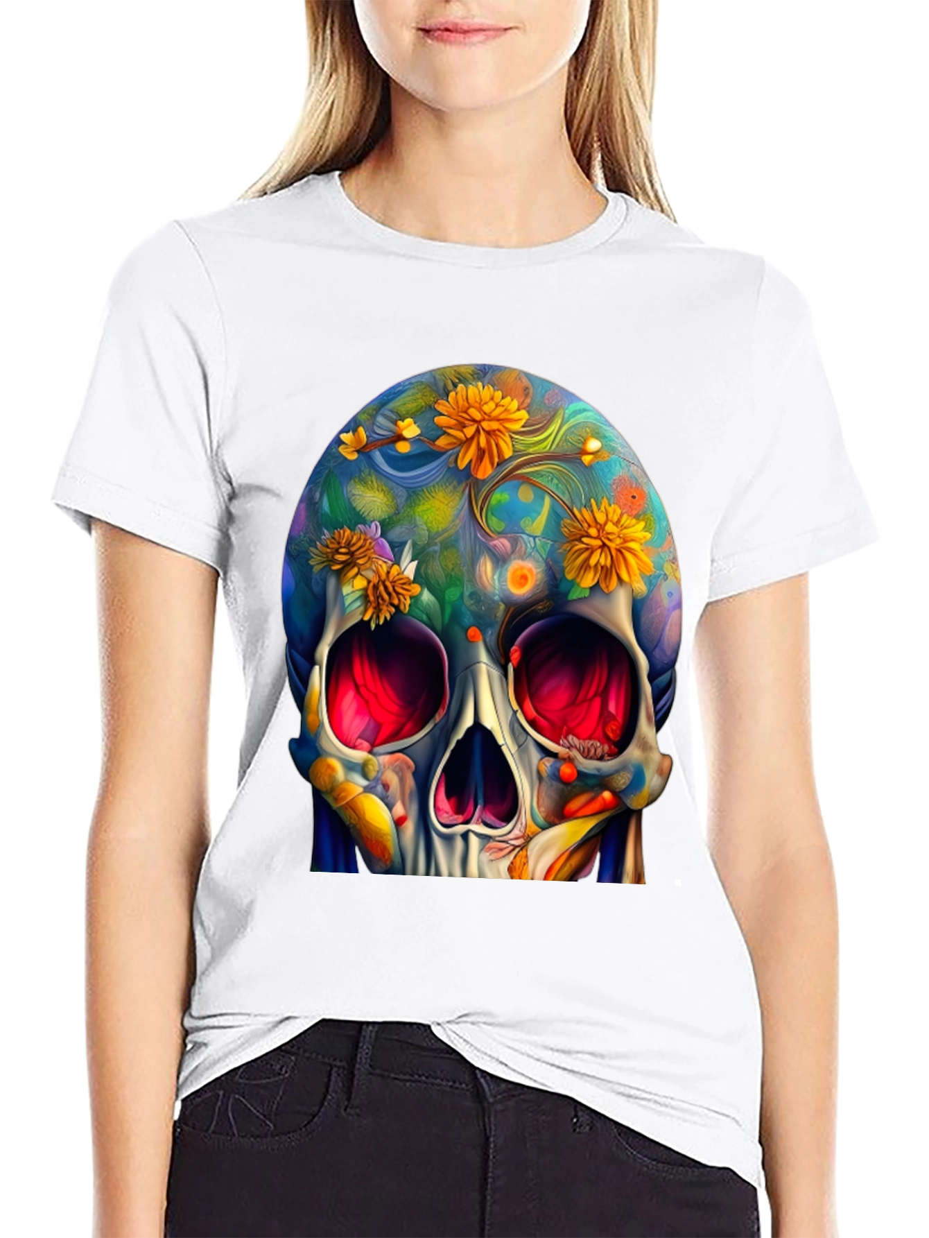 Black Floral Skull Graphic Tee - Unique Art Design view 9