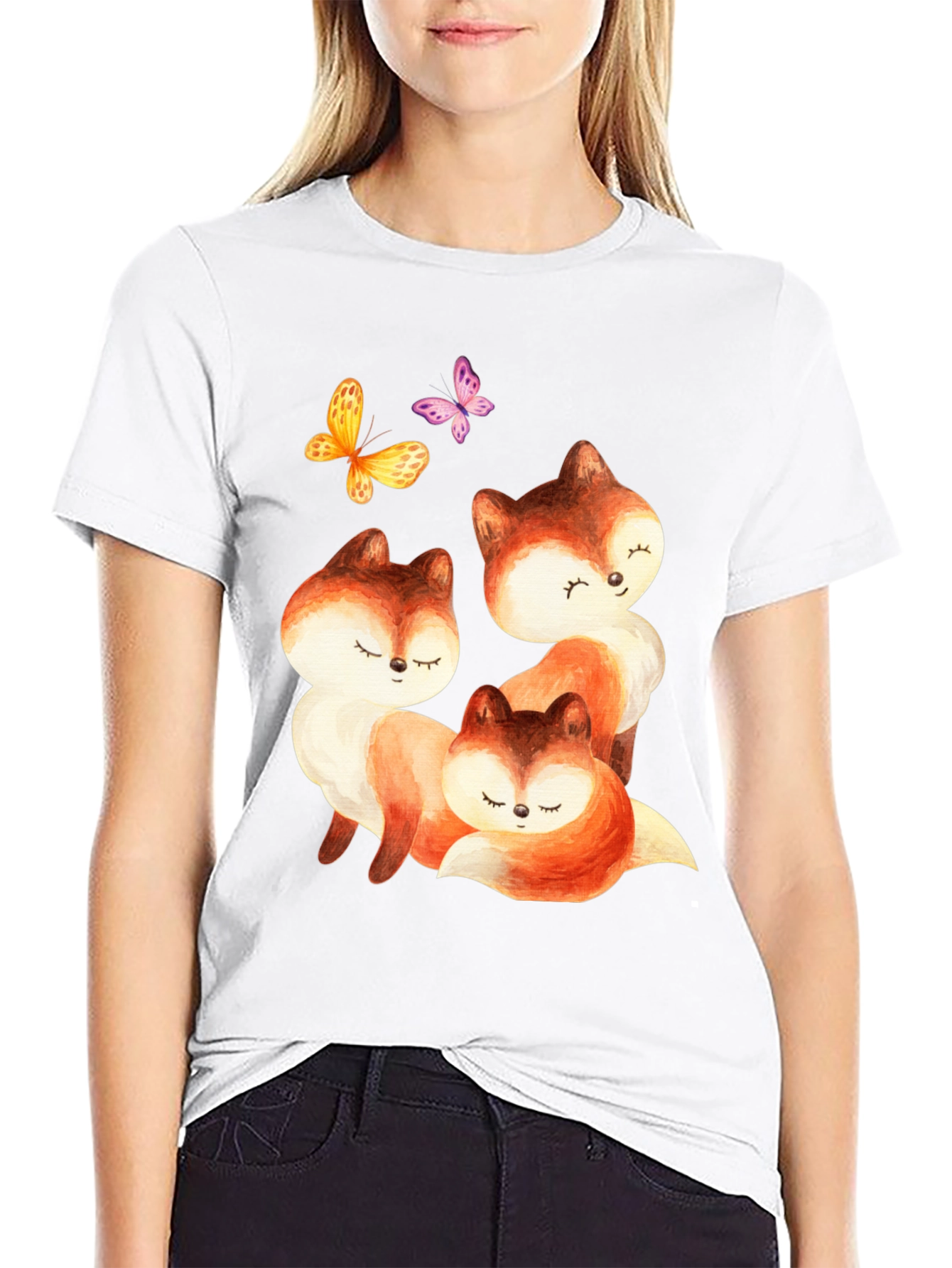 Black Cute Fox & Butterfly Graphic Tee view 9