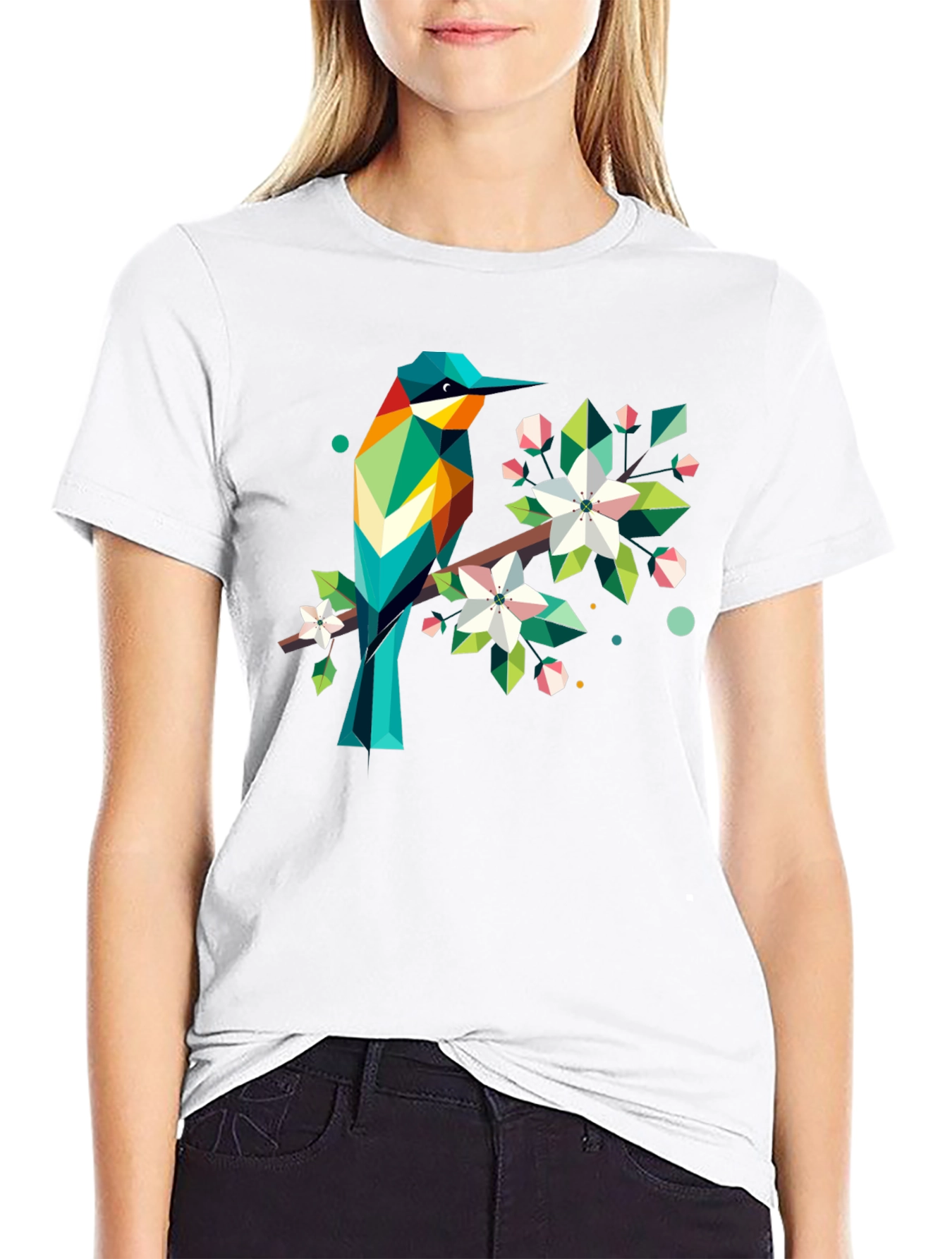 Black Geometric Bird Print Black T-Shirt view 9