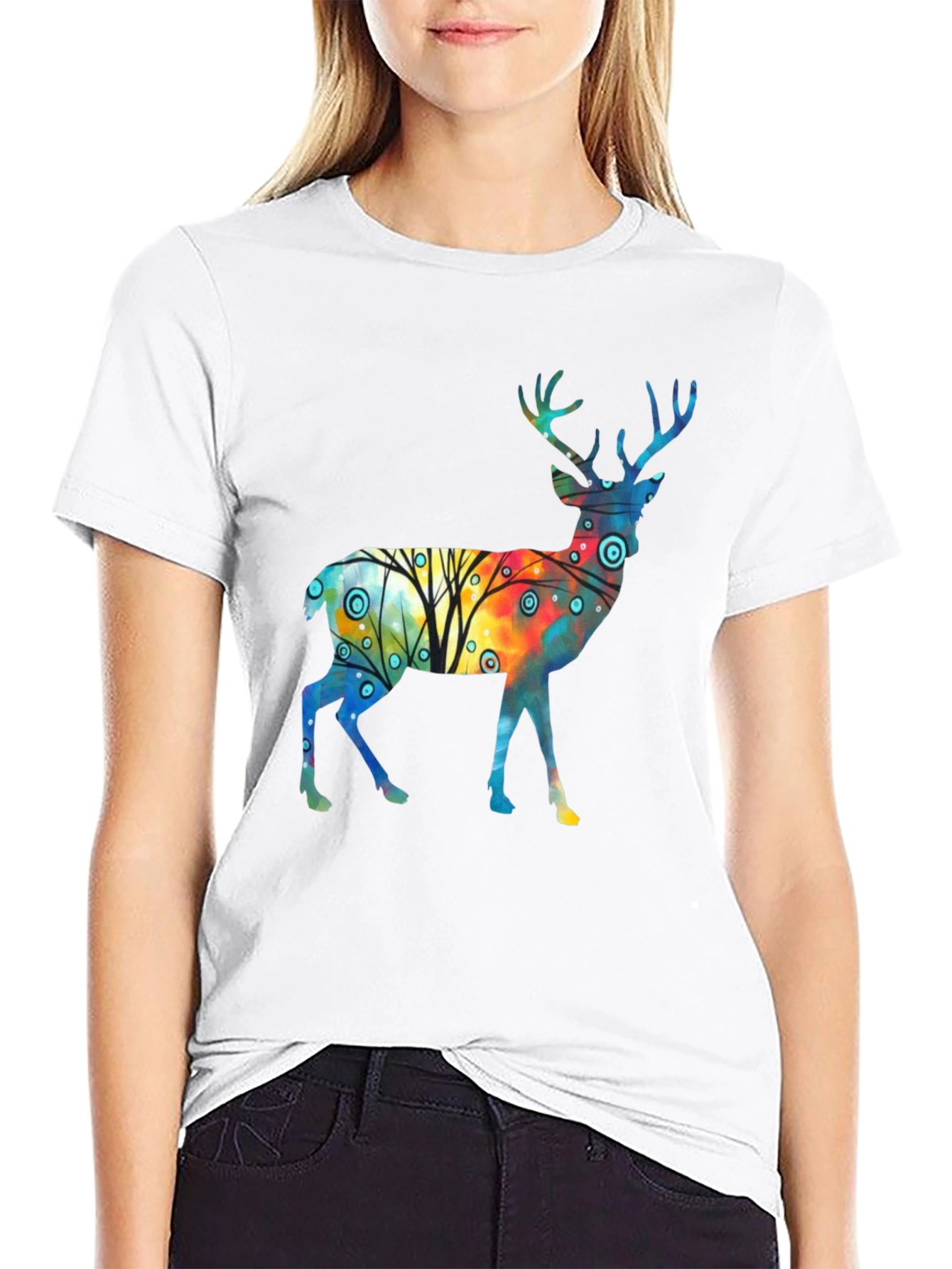 Black Watercolor Deer Graphic Tee - Stylish Black T-Shirt view 9