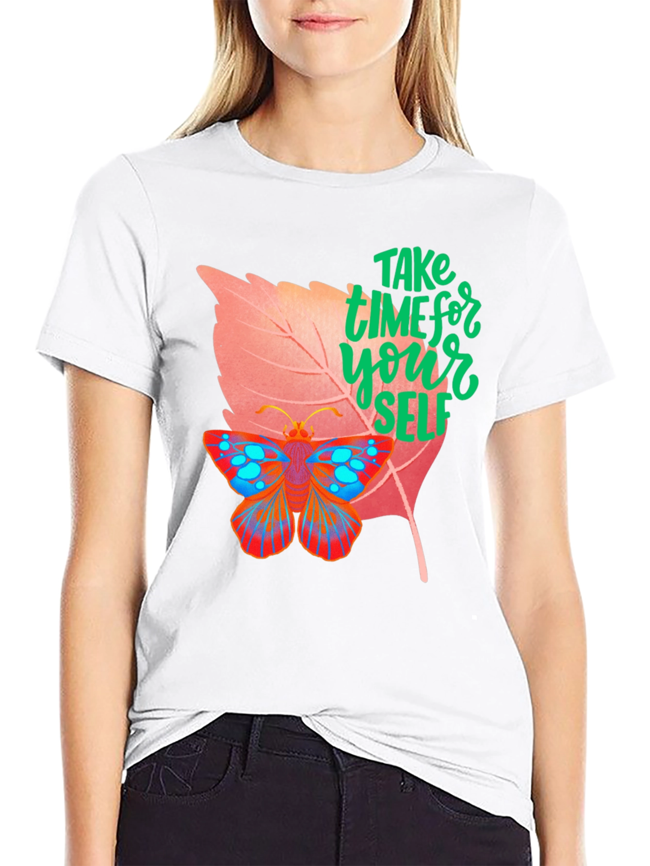Black Take Time for Yourself T-Shirt Butterfly & Leaf Design view 9