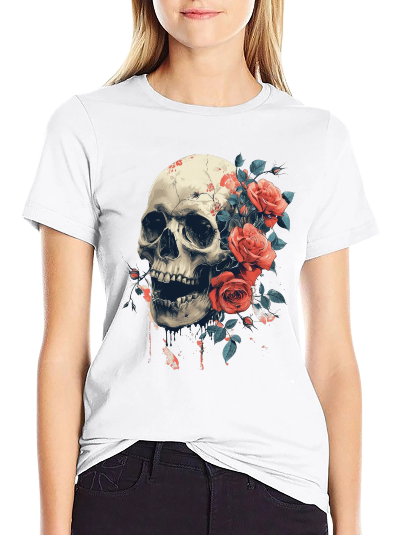 Black Skull & Roses Graphic Tee - Bold Gothic Style view 9