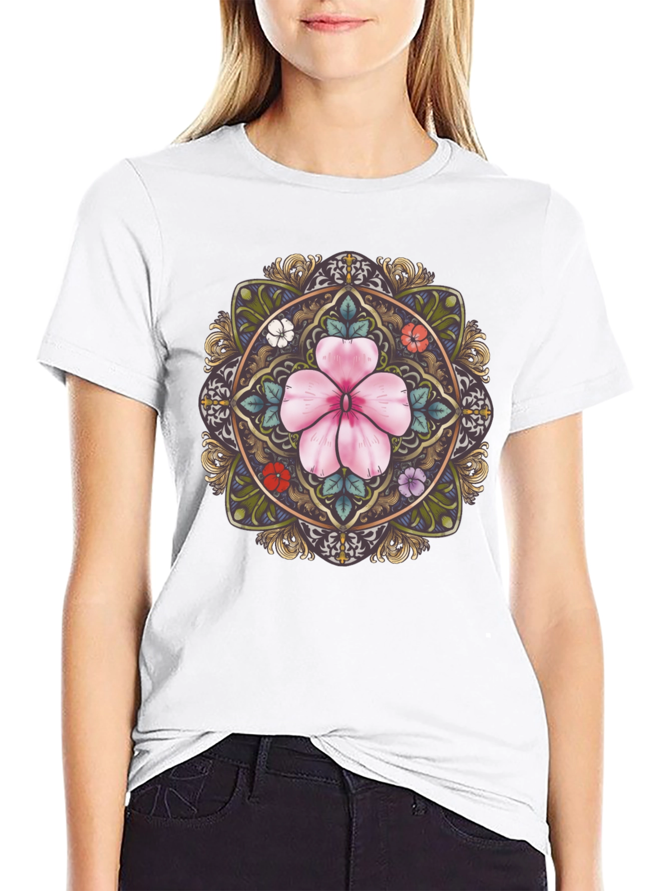 Black Floral Mandala Graphic Tee - Stylish Black T-Shirt view 9