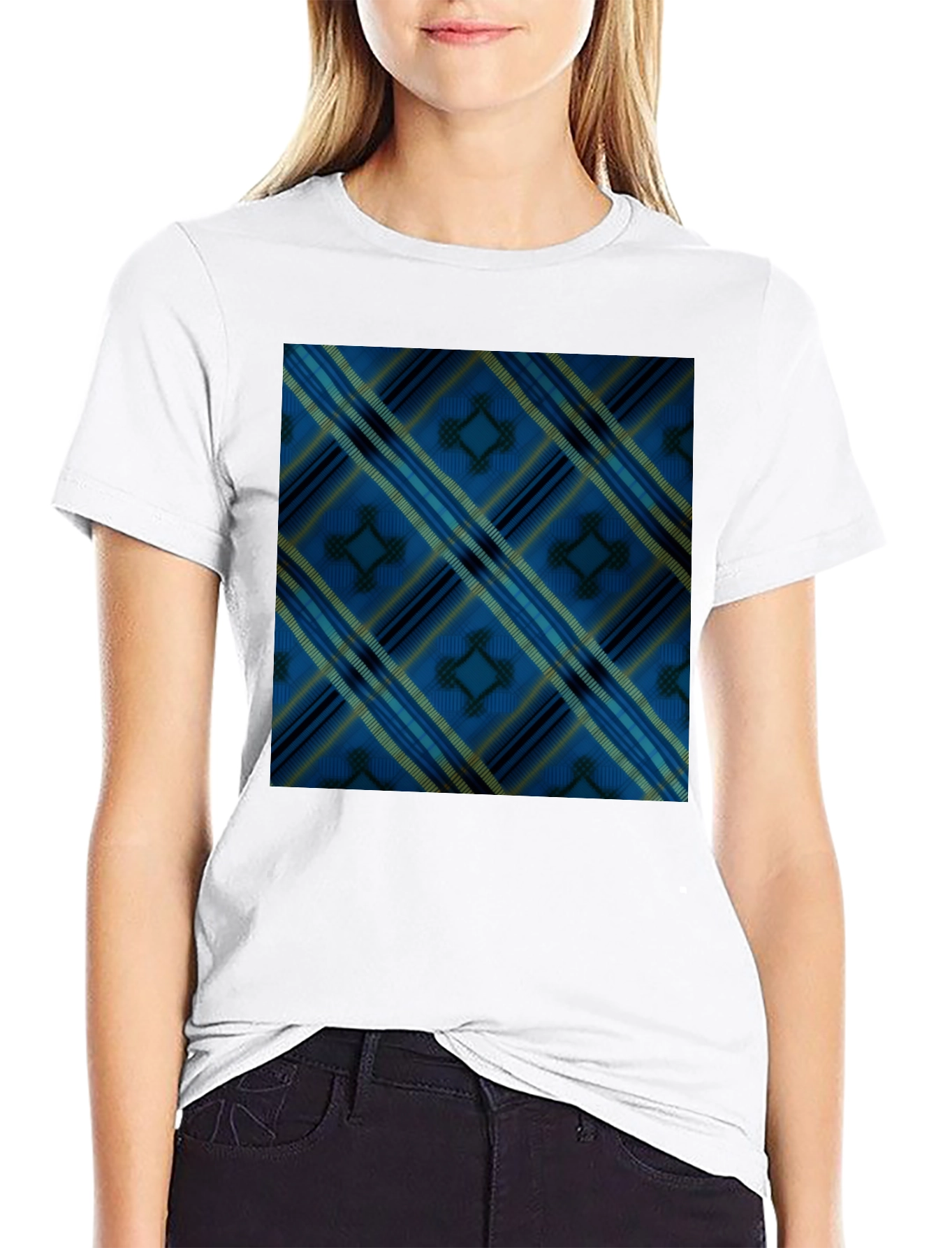 Black Blue Plaid Pattern Black T-Shirt view 9
