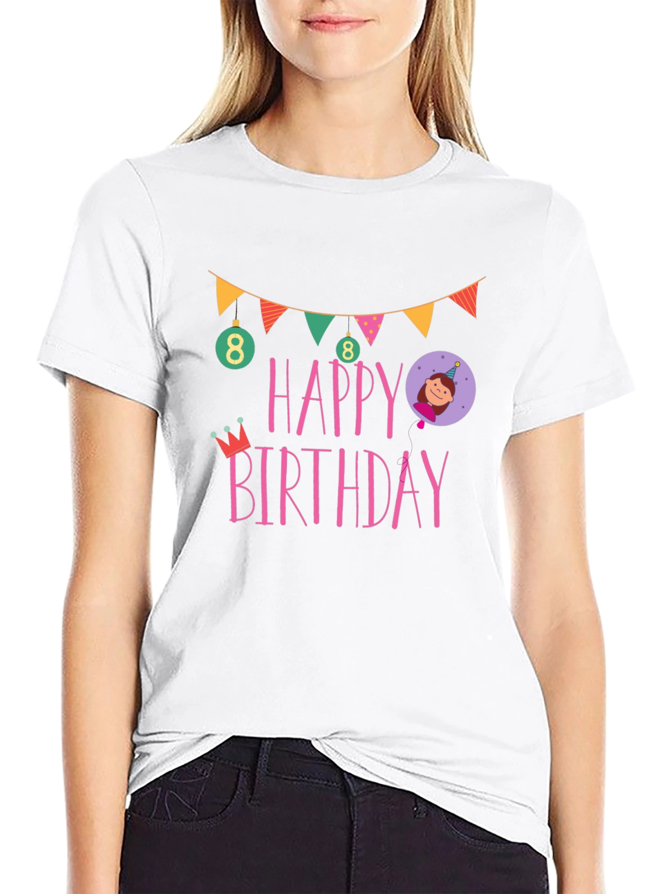 Black Happy 8th Birthday T-Shirt, Black Cotton Tee view 9