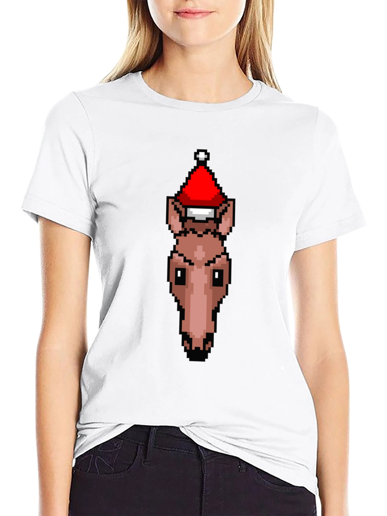 Black Pixel Art Horse Santa Hat T-Shirt view 9