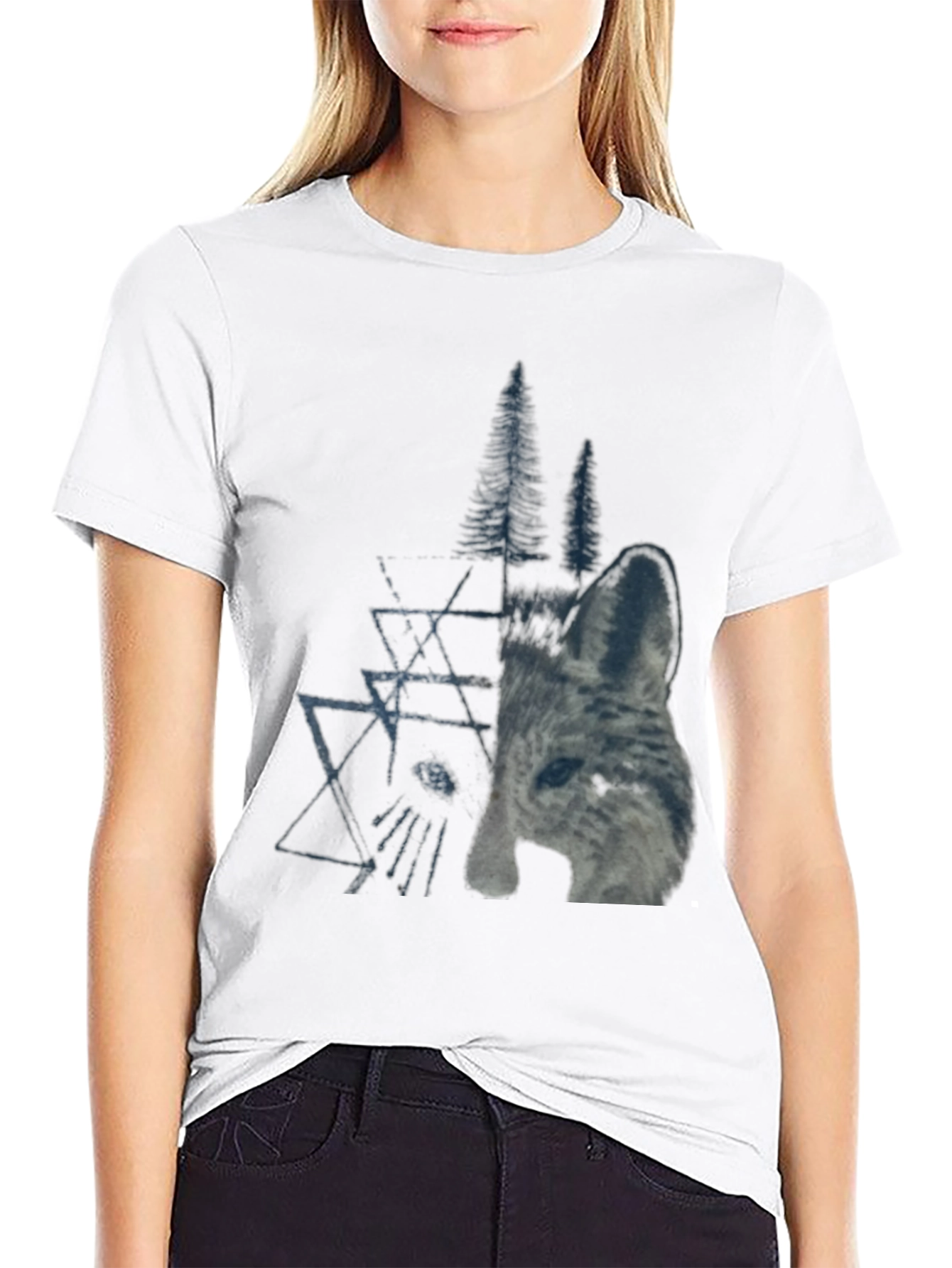 Black Geometric Wolf & Trees Graphic Tee - Black view 9