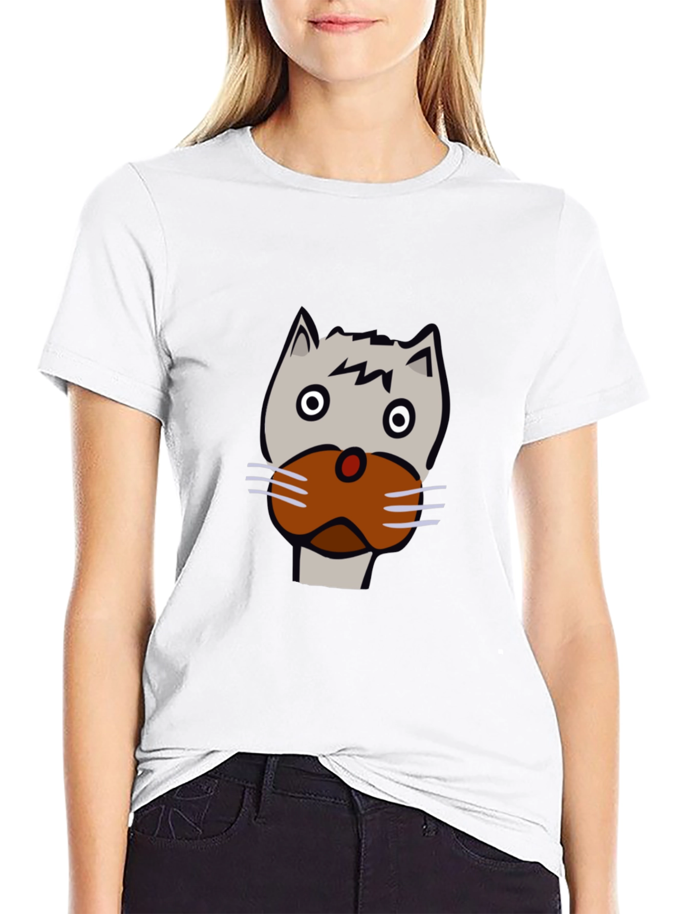 Black Funny Cartoon Cat Face Black T-Shirt view 9