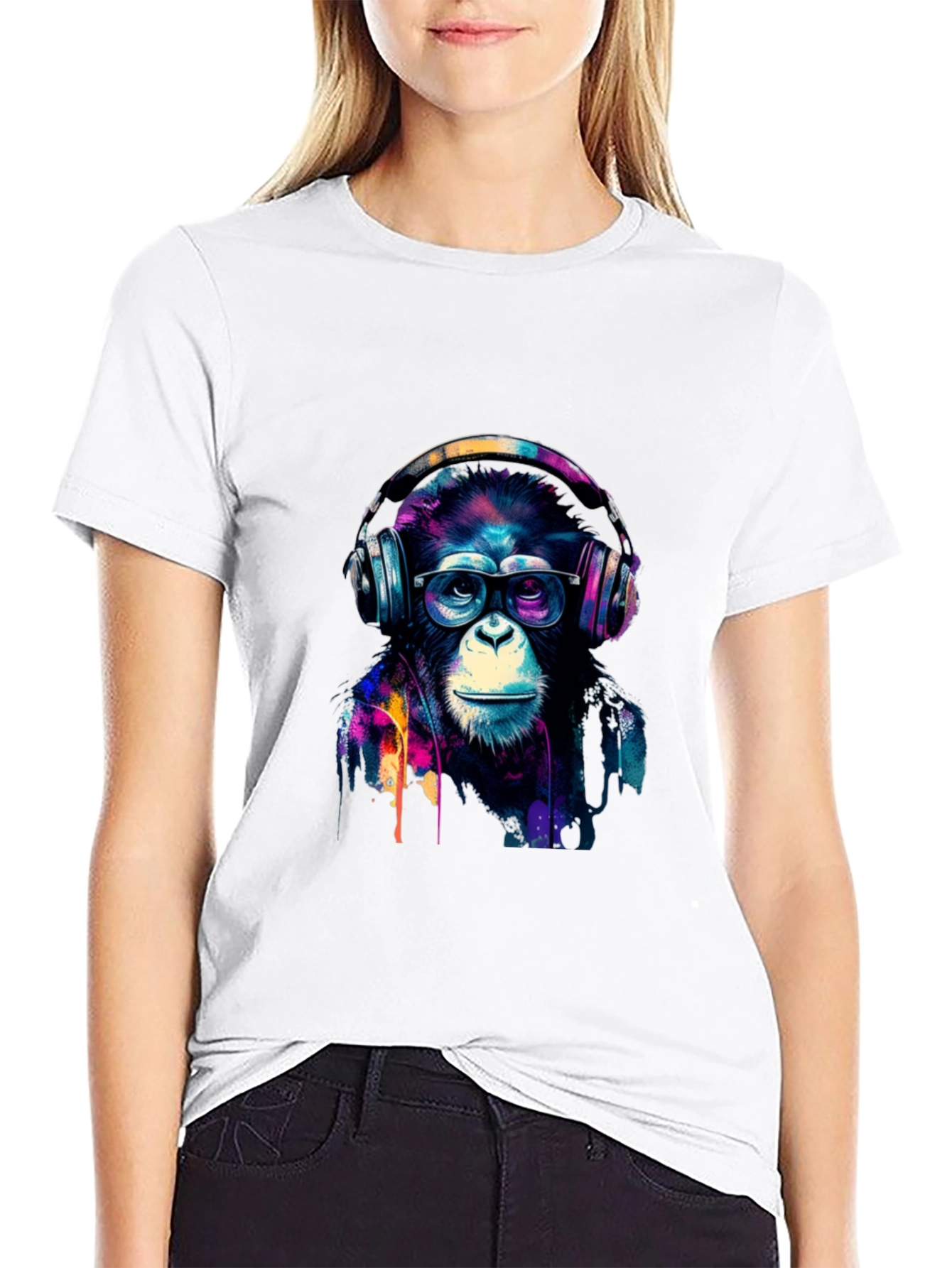 Black Cool Monkey Headphone Graphic Black T-Shirt view 9