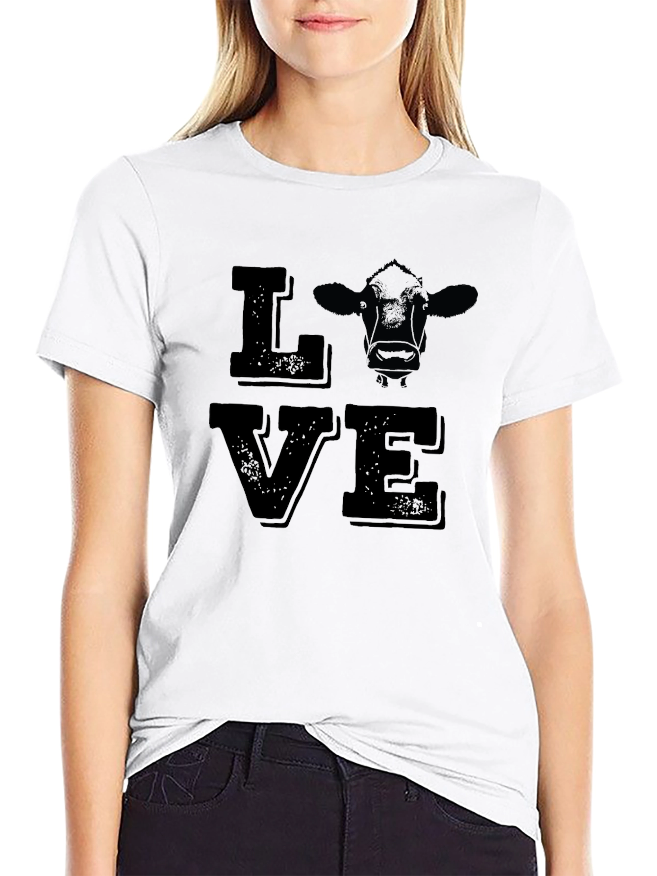 Black Love Cow Graphic Print Tee - Black Cotton T-Shirt view 9
