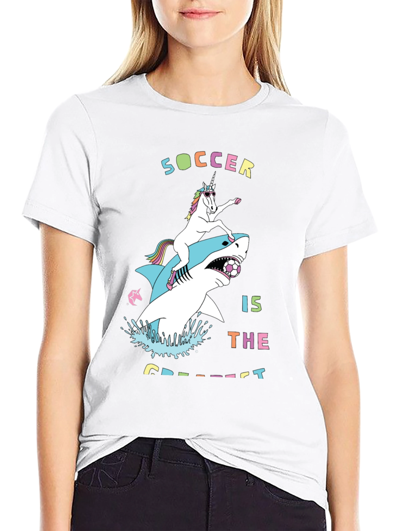 Black Unicorn Riding Shark Soccer T-Shirt view 9